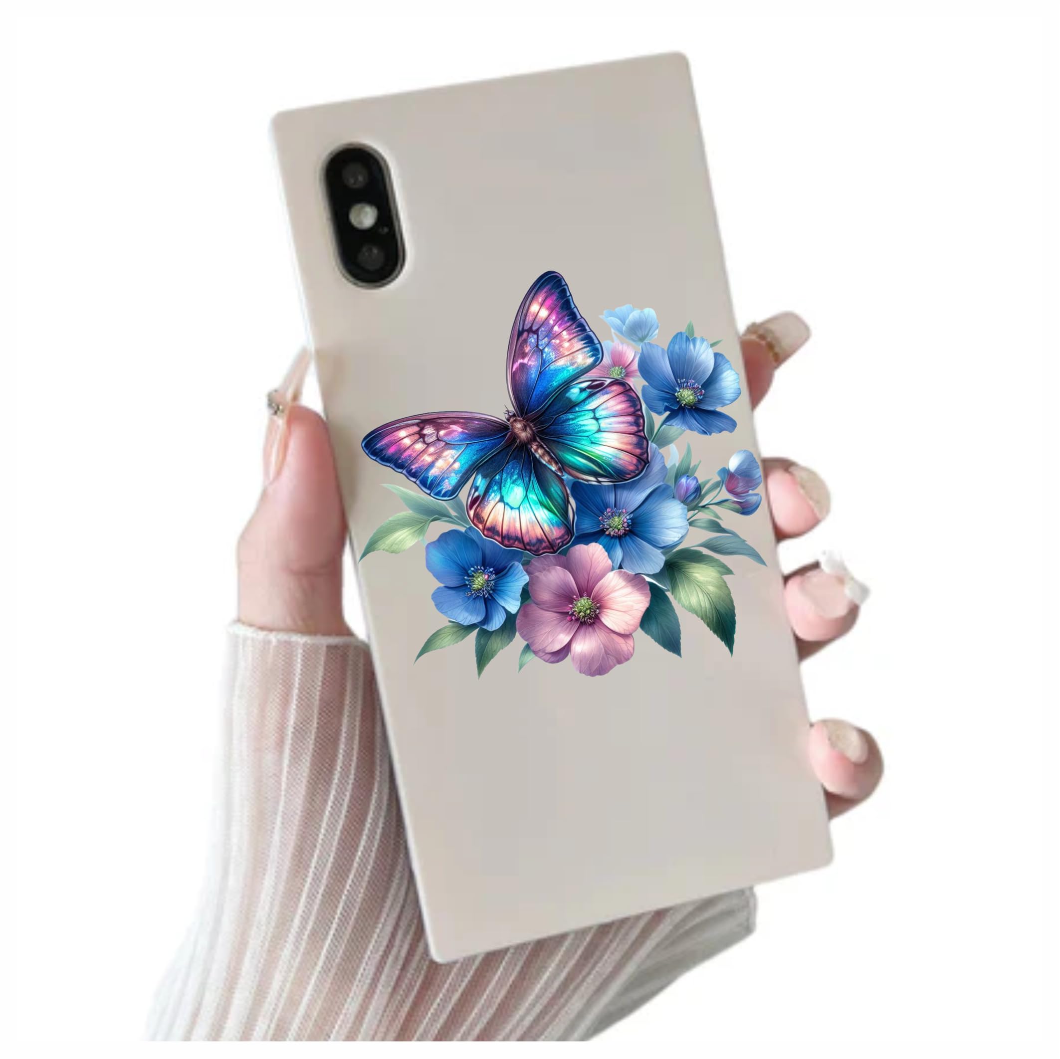 x4 Flower Vinyl Stickers Cover Marks Non Transparent Waterproof Floral Art Decals 1@ 20cm Tall Ideal for Toilets or car. 3@ 7cm Tall Ideal for Phone case Cups & Wine Glass (Butterfly neon Blue) - Image 3