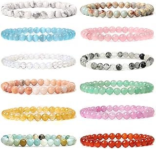Svovin 12Pcs Gemstone 6mm Semi Precious Round Beaded Bracelet Set For Women Men Girl Healing Crystal Stretch Energy Stone ...