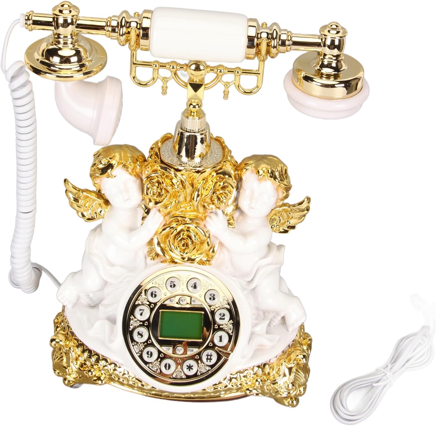 Retro Landline Telephone, LCD Display Rugged Retro Antique Telephone FSK and DTMF Compatible Multifunctional Star for Hotel Decoration (MS‑8334B, Gold)