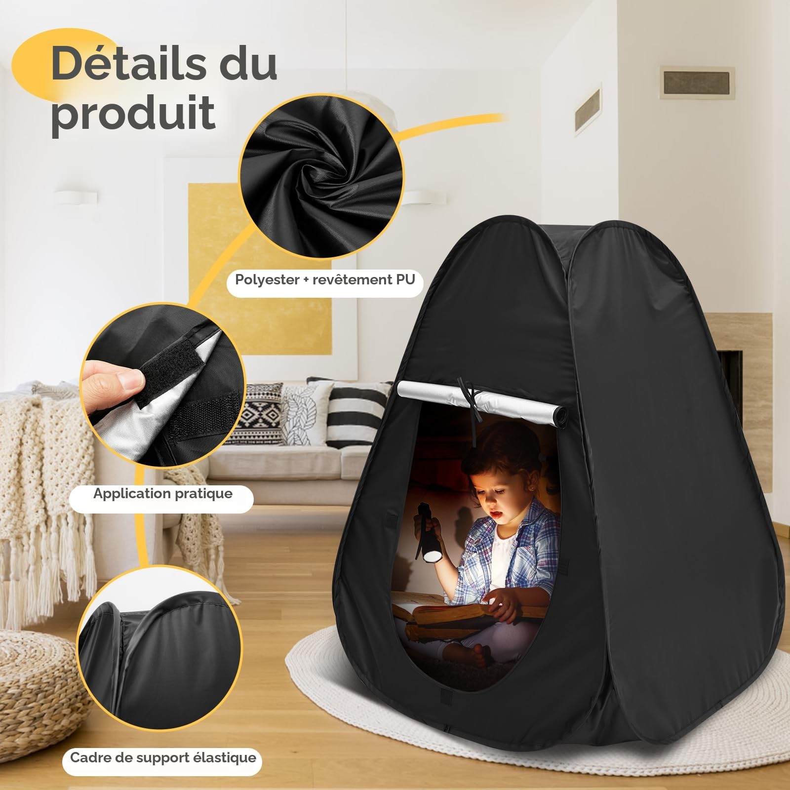Tente sensorielle pop-up noire pour autisme anxiété SPD voyage maison école