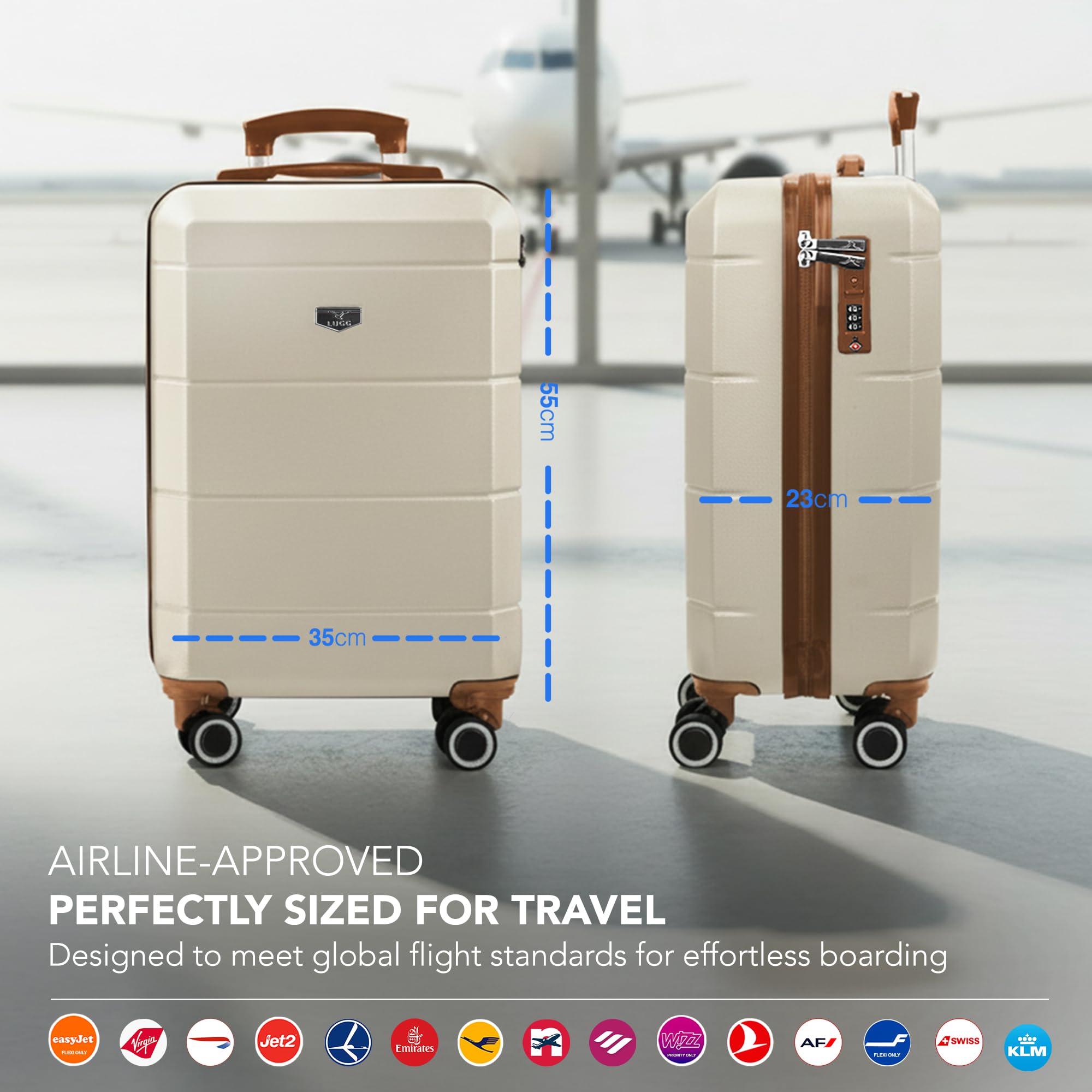 LUGG - Jetset 40cm Suitcase - 40x30x20cm- Ryanair Compatible - Underseat Size - Hard Shell ABS - Spinner & Removable Wheels - Lightweight Travel Luggage- Cream/Brown — view 305