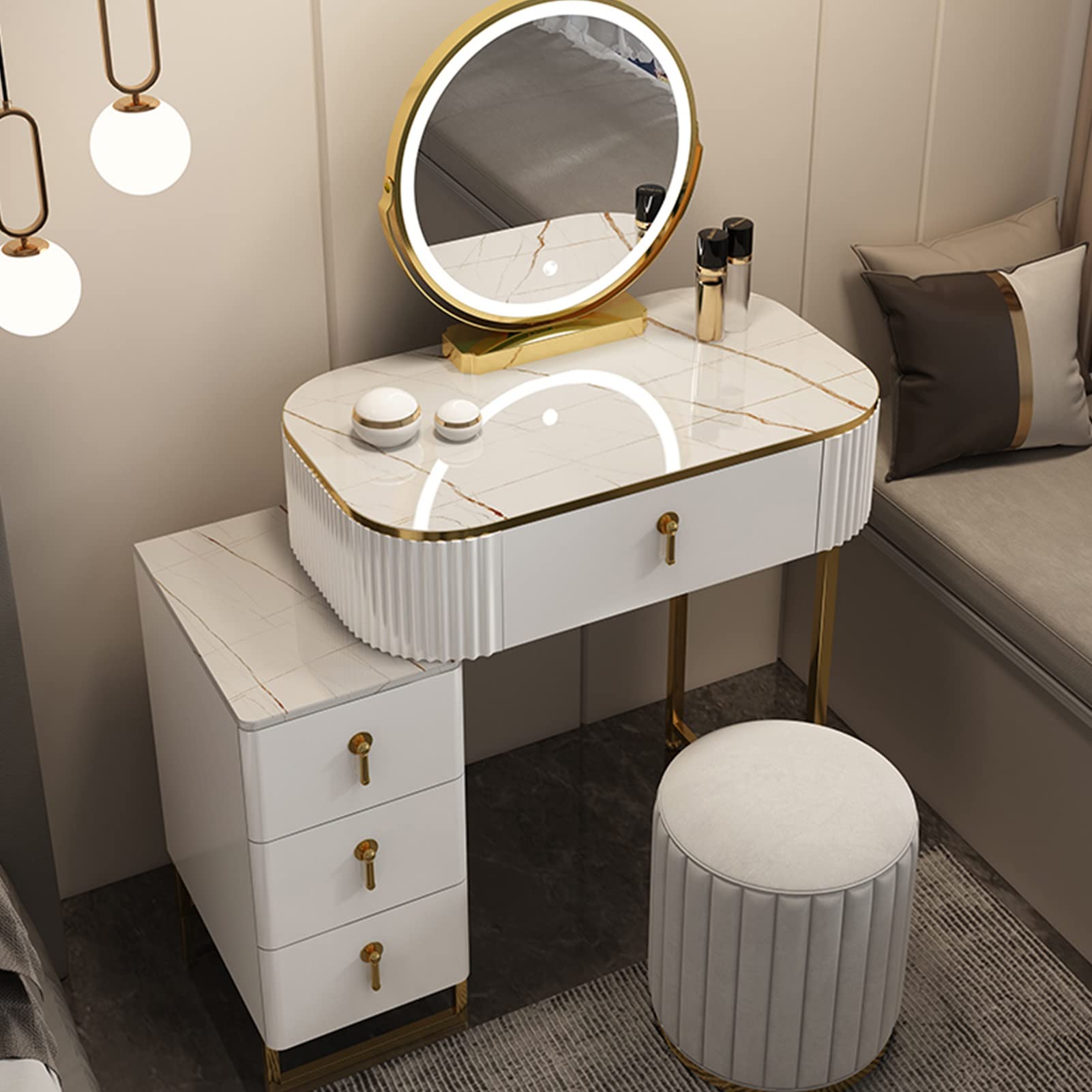 asdchZen Adjustable Brightness Desk Lighted Makeup Mirror 50Cm Vanity Mirror For Bedroom Dressing Table Perfect For Girls And Women White Finish
