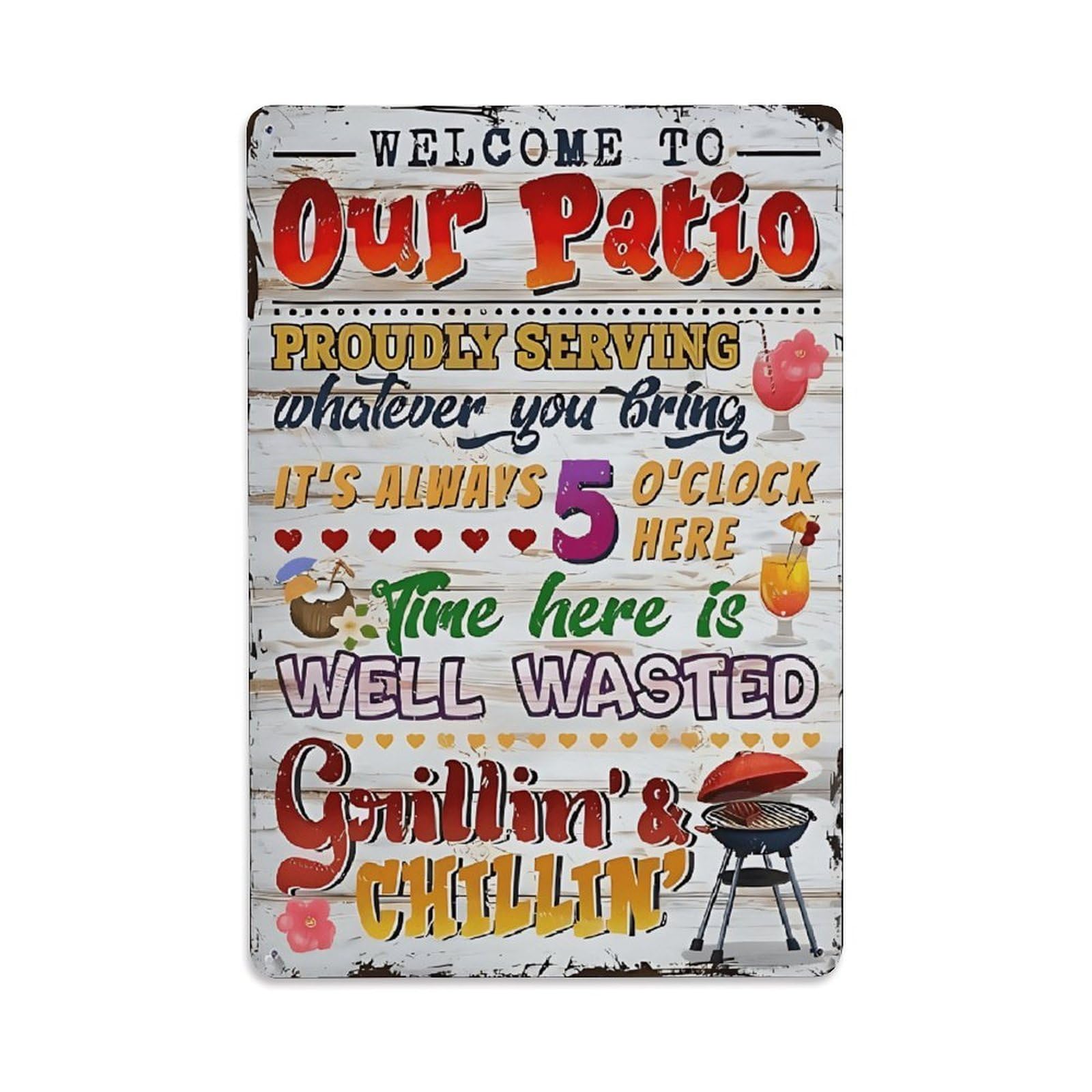 Ldfuieksufg Style Welcome To Our Patio Bbq Cocktail Funny Vintage Sign Vintage Aluminium Metal Sign, Retro Wall Decor For Home, Bar, Garage & Farmhouse 30X20cm