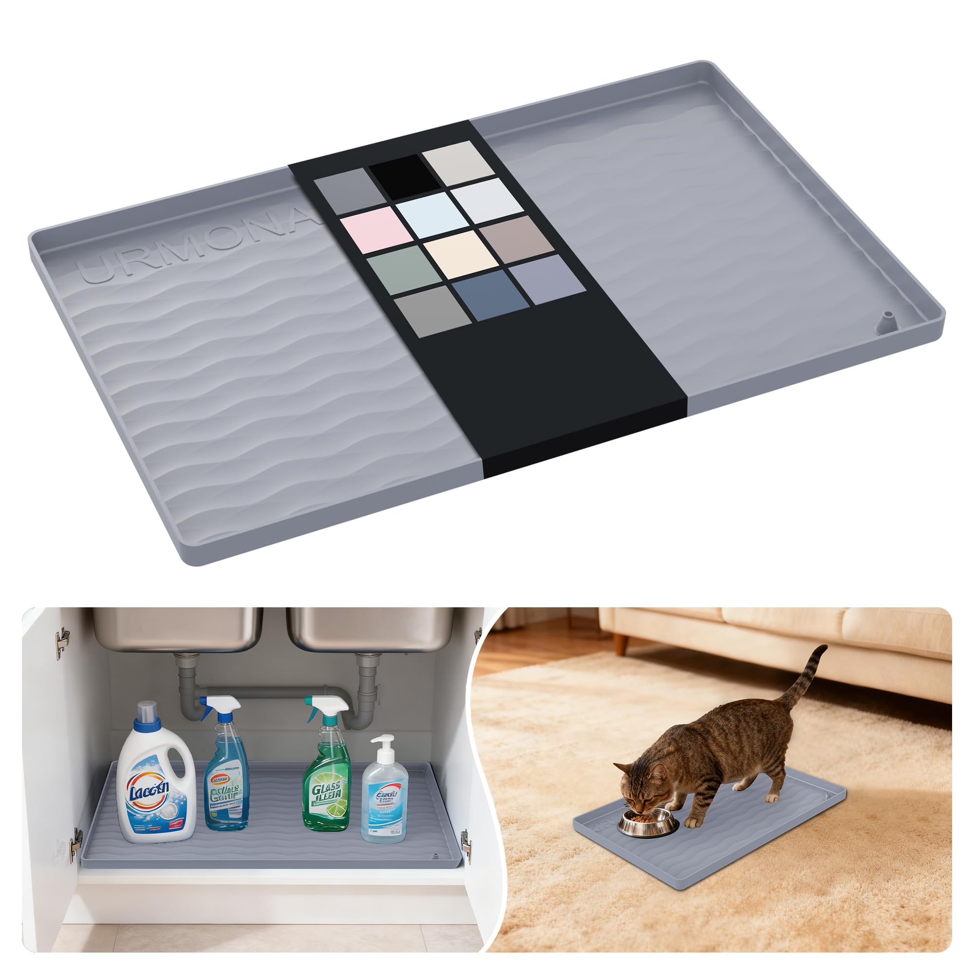 URMONA Waterproof Silicone Under Sink Mat, 16 x 10 in, Flexible Shelf Liner