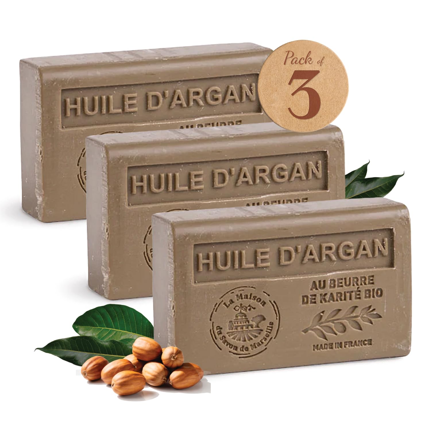 La Maison du Savon de Marseille Seife Arganöl 3 x 125g mit Bio Sheabutter, Feuchtigkeitspendend für Hände & Körper, Feste Seife hergestellt in der Provence, 97% natürliche Inhaltsstoffe