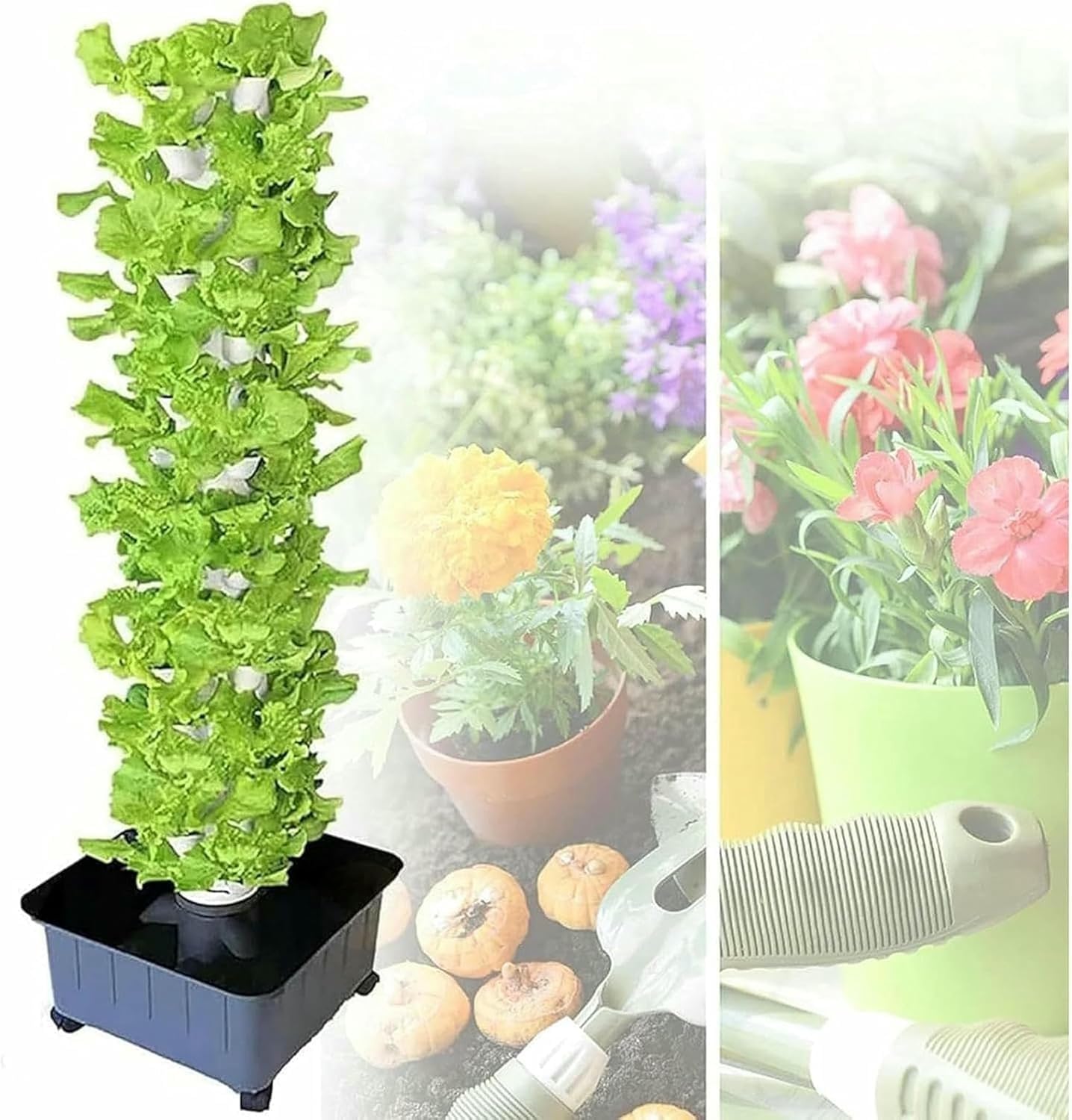 Set di Torre idroponica da 15 Piani e 45 Fori, Set di Torre idroponica, Esterno con Adattatore Timer per Pompa idratante, Adatto per Interni, casa, Balcone, Bianco
