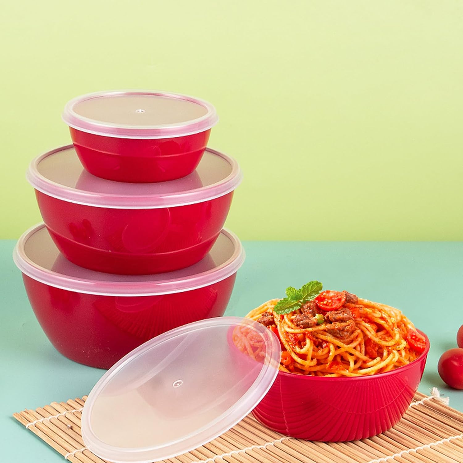 4-Piece Classic Plastic Prep Bowls with Lids, Nesting Plastic Small Mixing Bowl Set for Mixing, Baking, Prepping, Cooking and Serving Food, Microwave and Dishwasher Safe (Red) - Image 4