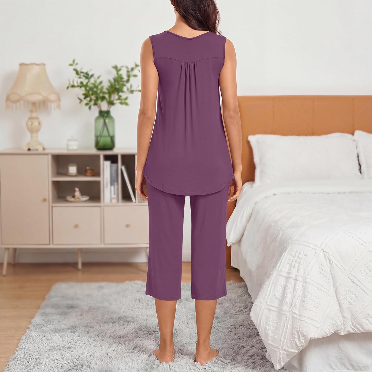 Bestbee Women's Sleeveless Pajama Sets 2 Piece Sleepwear Summer Lounge Outfits Henley Tanks Capri Pants Ladies Pjs - Image 4