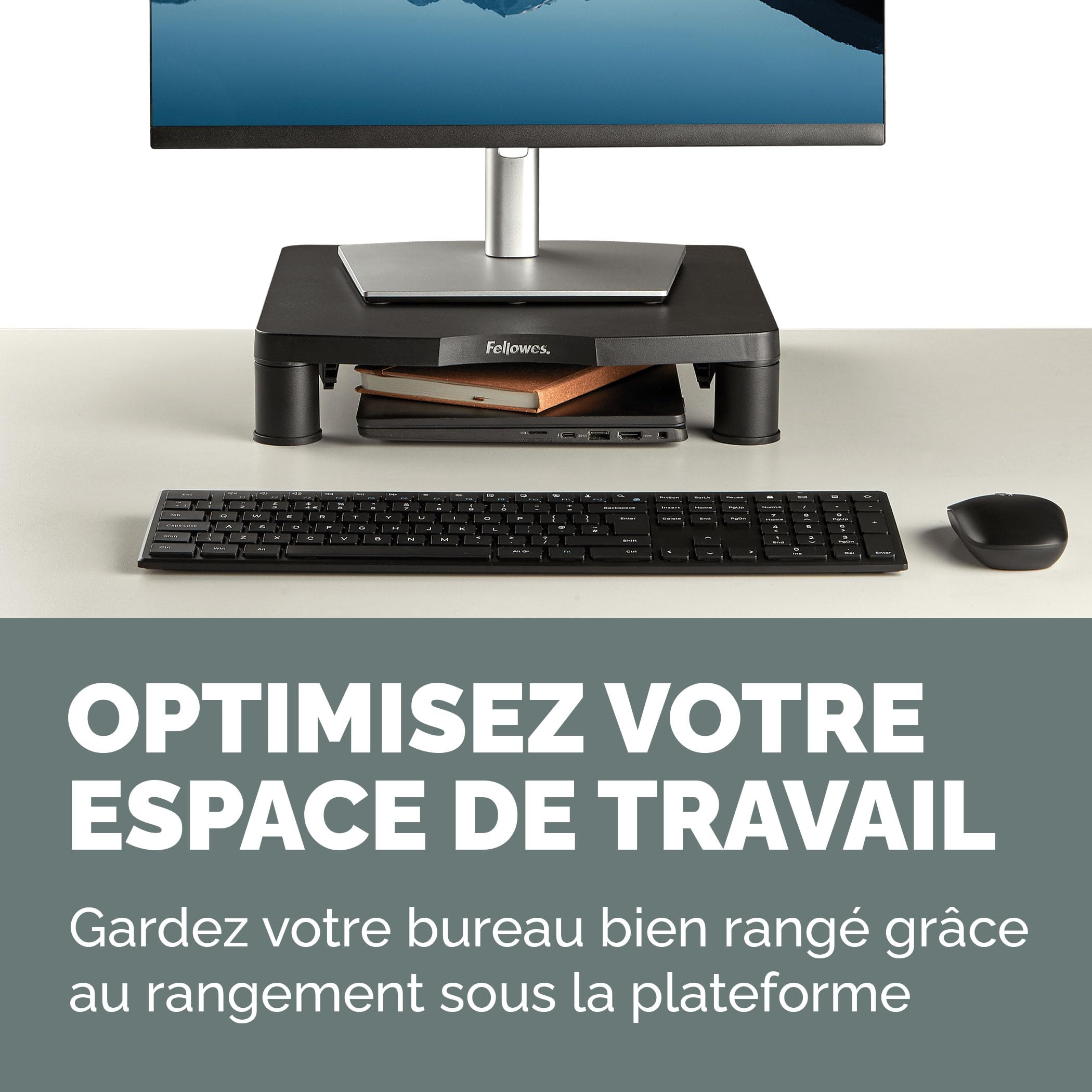 Fellowes Support d'écran Everyday Noir Réglable en Hauteur 3 Niveaux Ergonomique Gestion des câbles Charge Max 27 kg