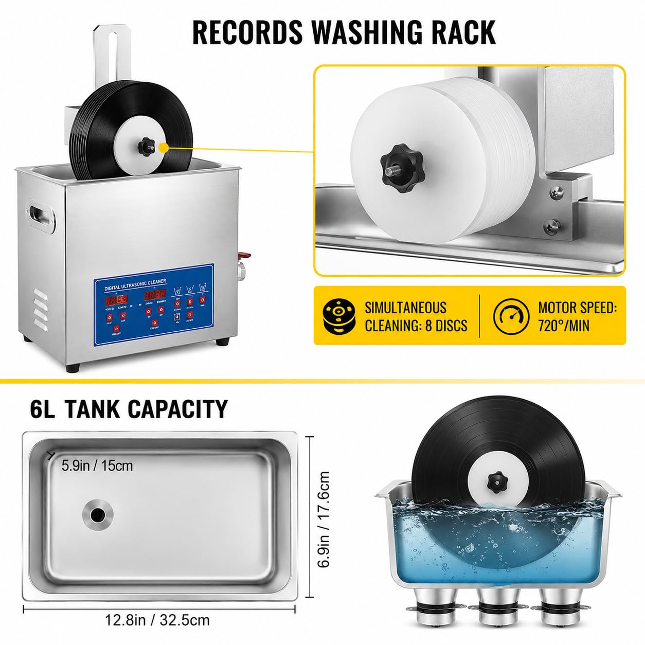 Pulitore a ultrasuoni per dischi in vinile per 8 LP, pulizia a doppia faccia con rotazione automatica, timer da 0 a 30 minuti, rimozione e manutenzione efficienti della polvere per una qualità del