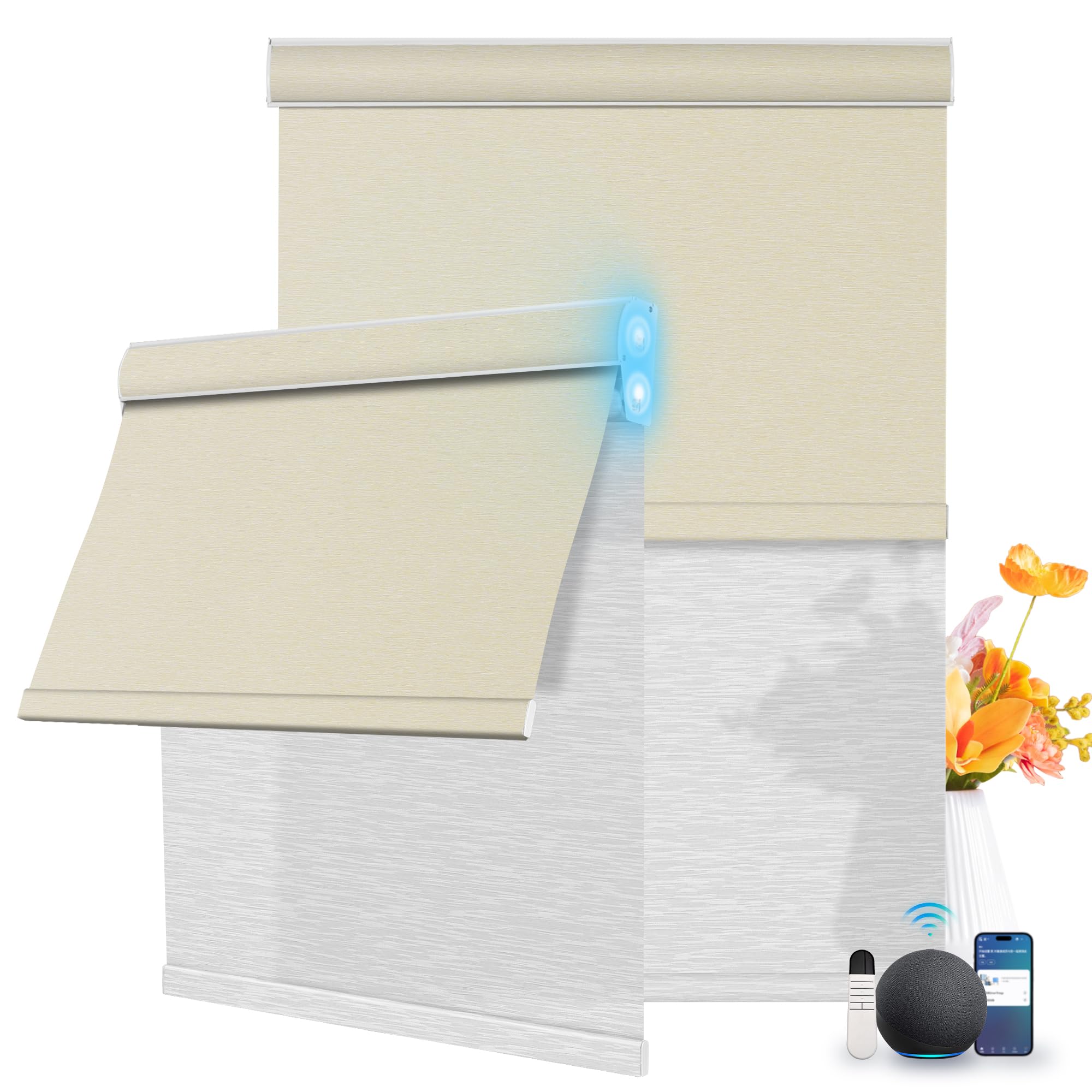 BERISSA Motorized Dual Roller Blinds with Remote,Blackout&amp;Light Filtering Smart Double Roller Blinds for Windows,Customized Automatic Shades,Electric Shades with Solar Pannel.Jacquard Beige&amp;White
