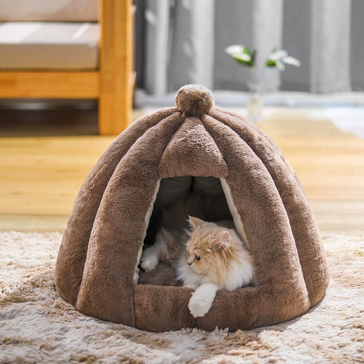 Cat Dog Cave Bed, Portable Pet Igloo Puppy Kitten Tent House with Removable Washable Cushion, Semi-closed Small Medium Cats Bed Warm Kennel (Coffee,S-48x40cm)