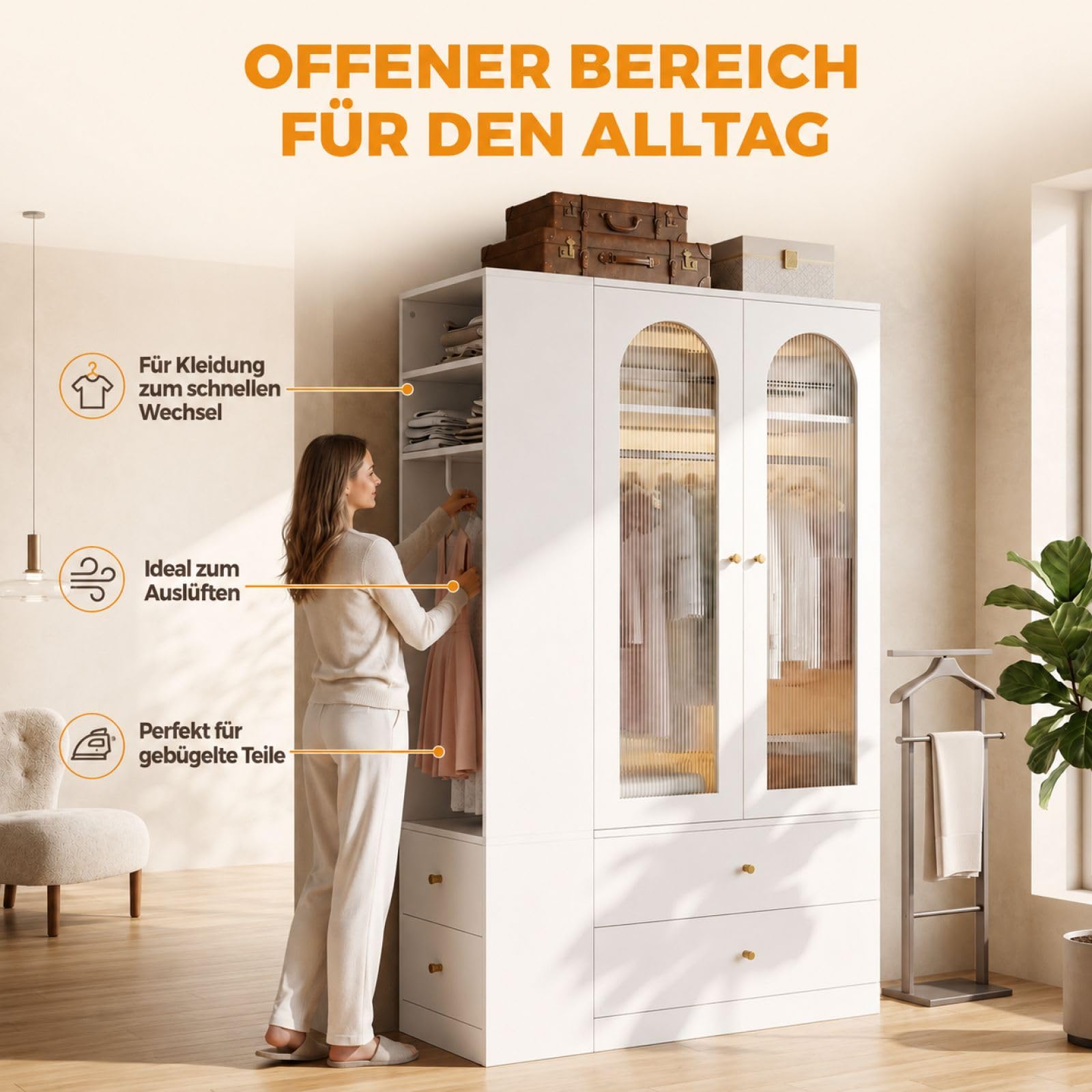 Armadio bianco con ante in vetro scanalato, 4 cassetti, 120 x 50 x
