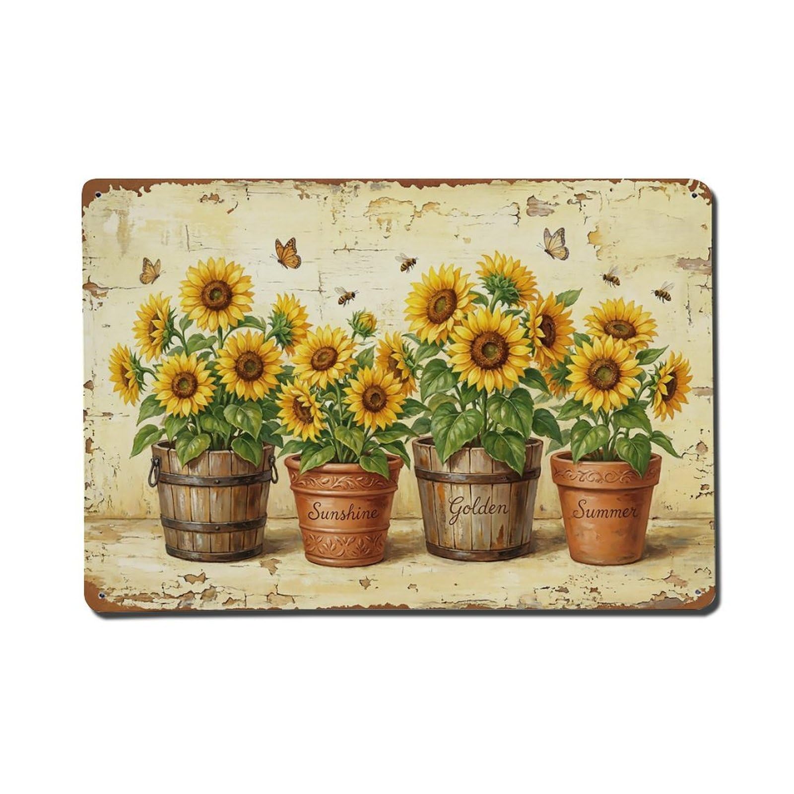 Vintage Rustic Flower Potted Plants Sunflower Metal Tin Sign