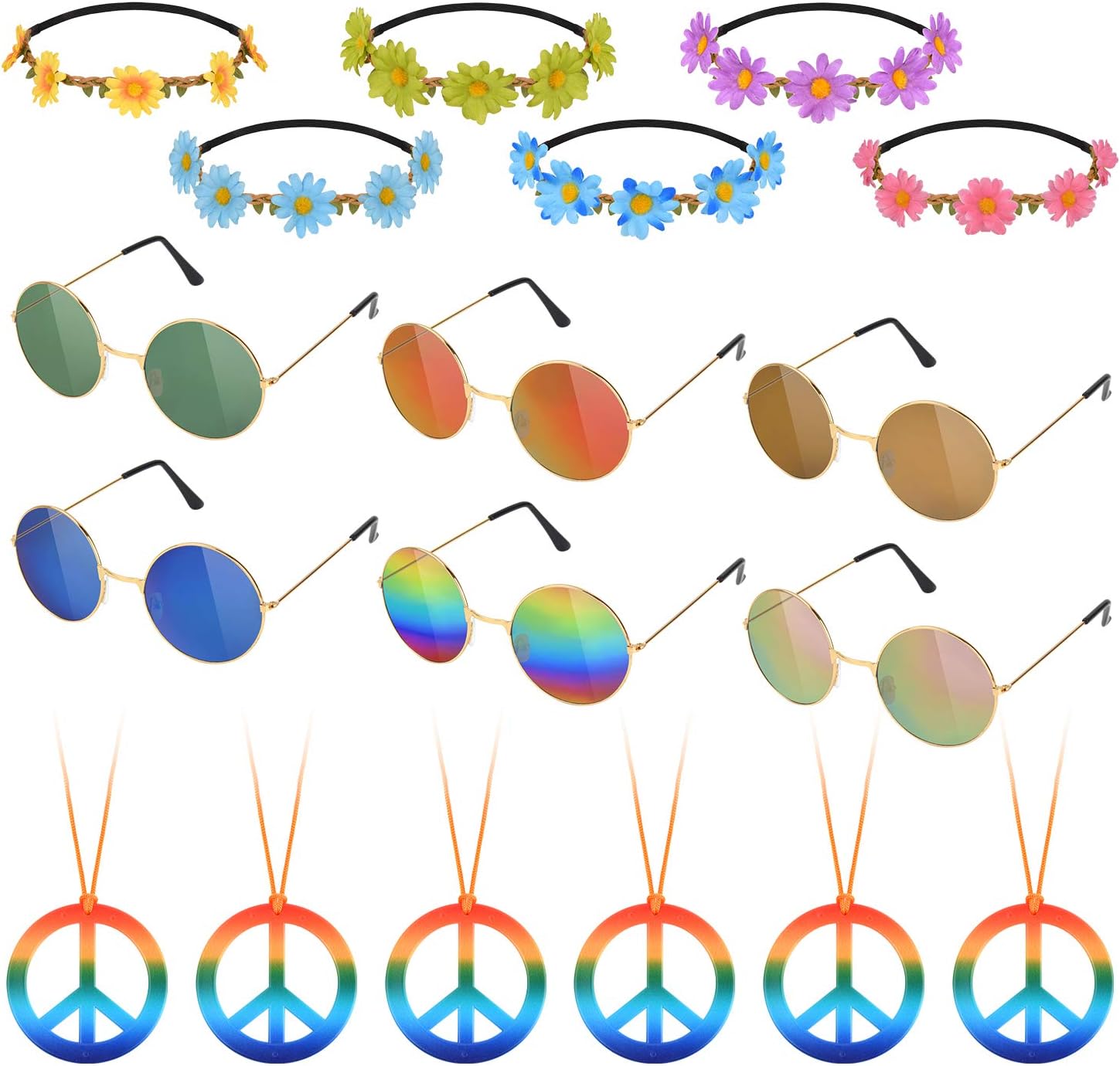– 18Pcs Hippie Costume Accessory Set for 60s 70s Dressing Accessory Hippie Party Supplies(Peace Sign Necklaces Daisy + Daisy Sunflower Headbands+Retro Round Sunglasses)