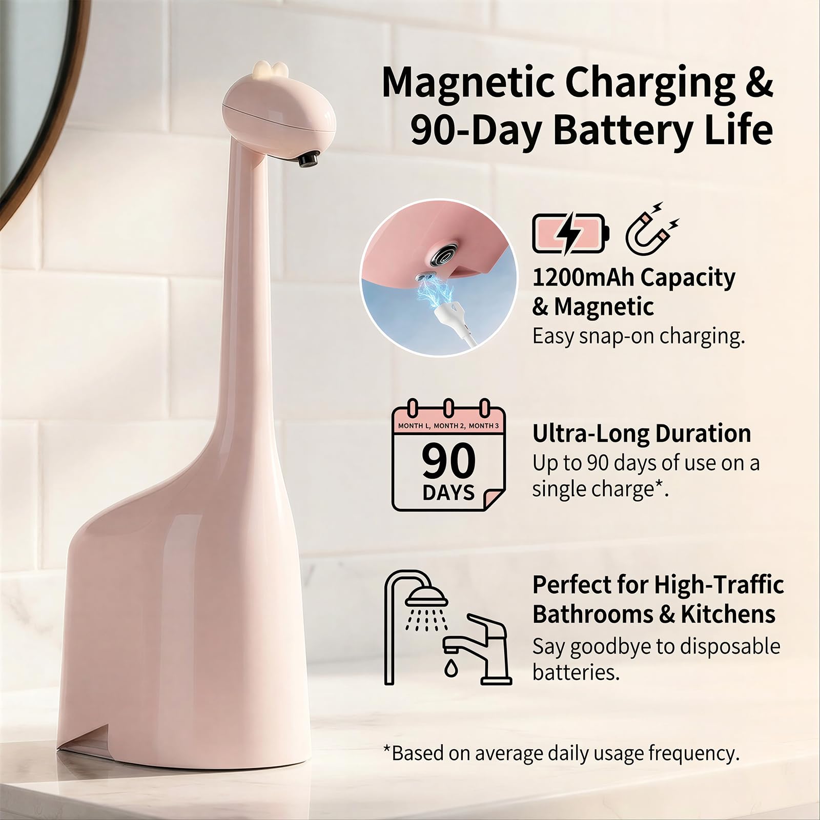 Dispenser automatico di sapone a forma di dinosauro, senza contatto, ricaricabile, 300 ml, schiuma regolabile a 3 livelli, impermeabile IPX5, per bagno, cucina, hotel, ristorante, rosa