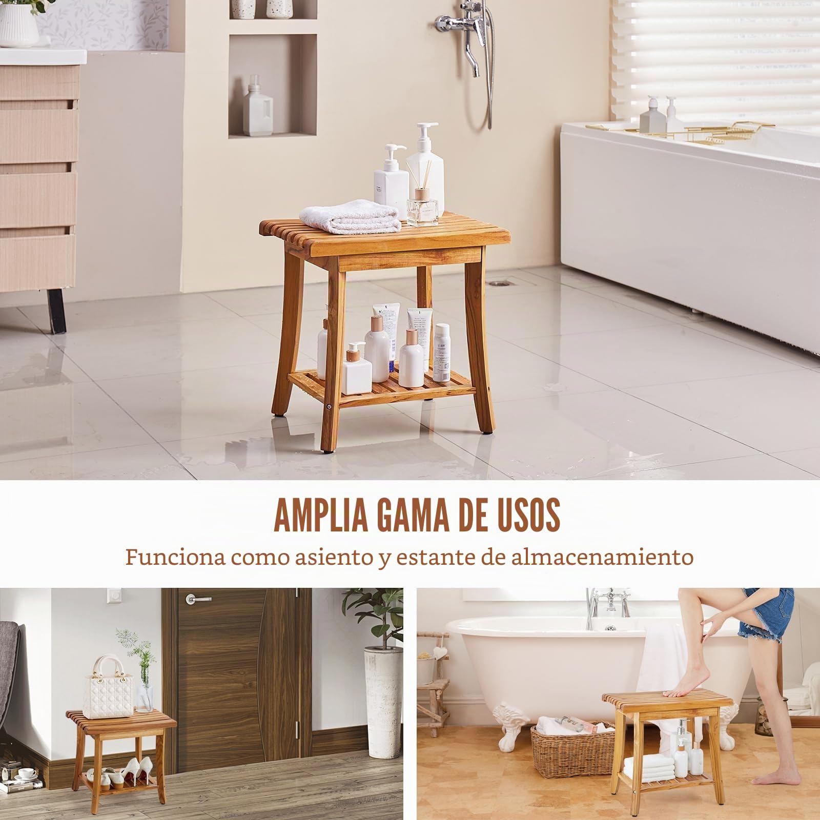 VEVOR Banco de Ducha de Teca Madera Impermeable con Estante de Almacenamiento, Almohadillas Antideslizantes para los Pies, Carga Máxima 180 kg, para Uso en Interiores y Exteriores 500 x 363 x 455 mm