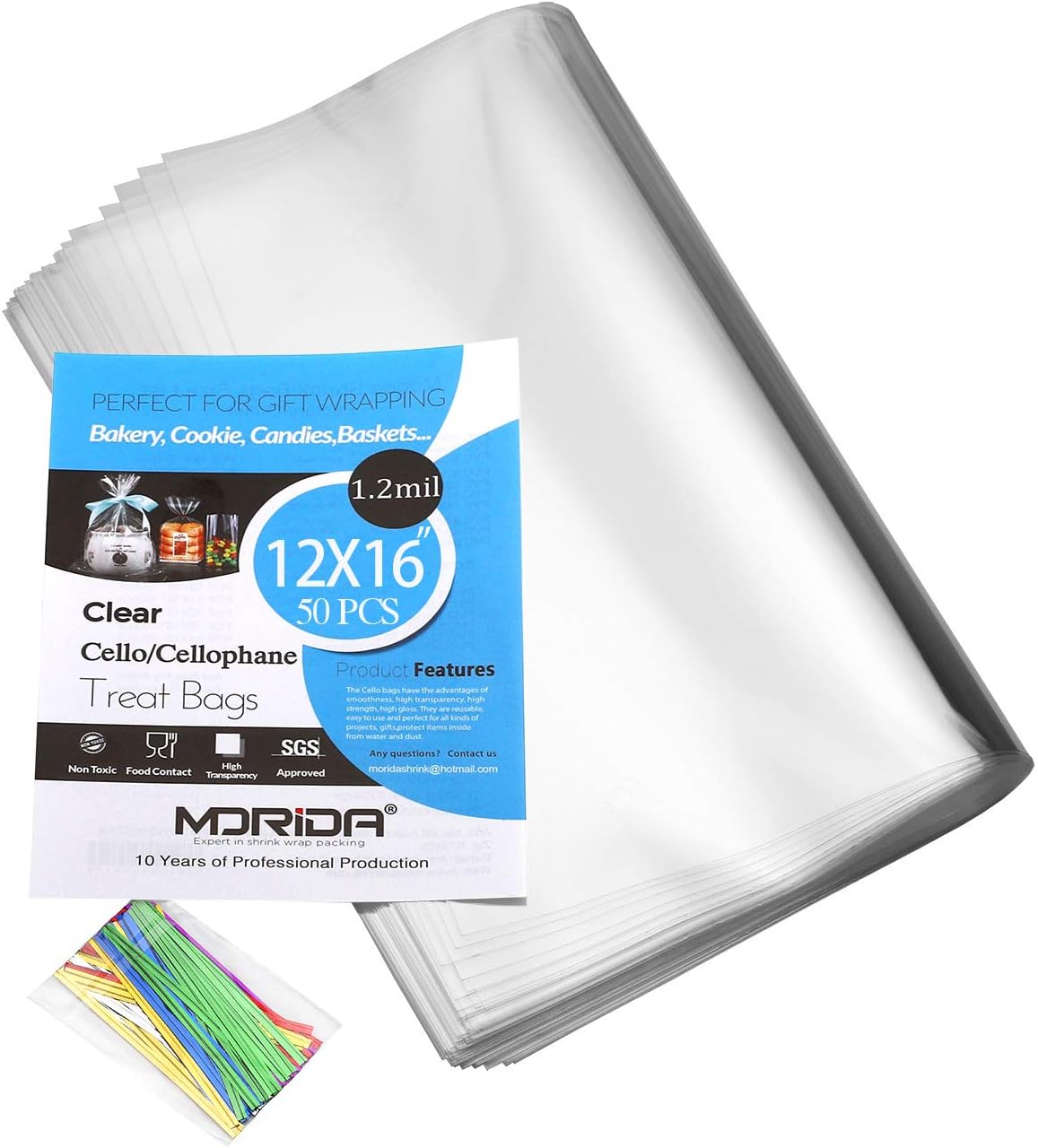 50 Pcs 12×16 inch Cello Cellophane Treat Bags Clear Flat for Gift Wrapping, Bakery, Cookie, Candies, Dessert, Baskets Packaging with Color Twist Ties