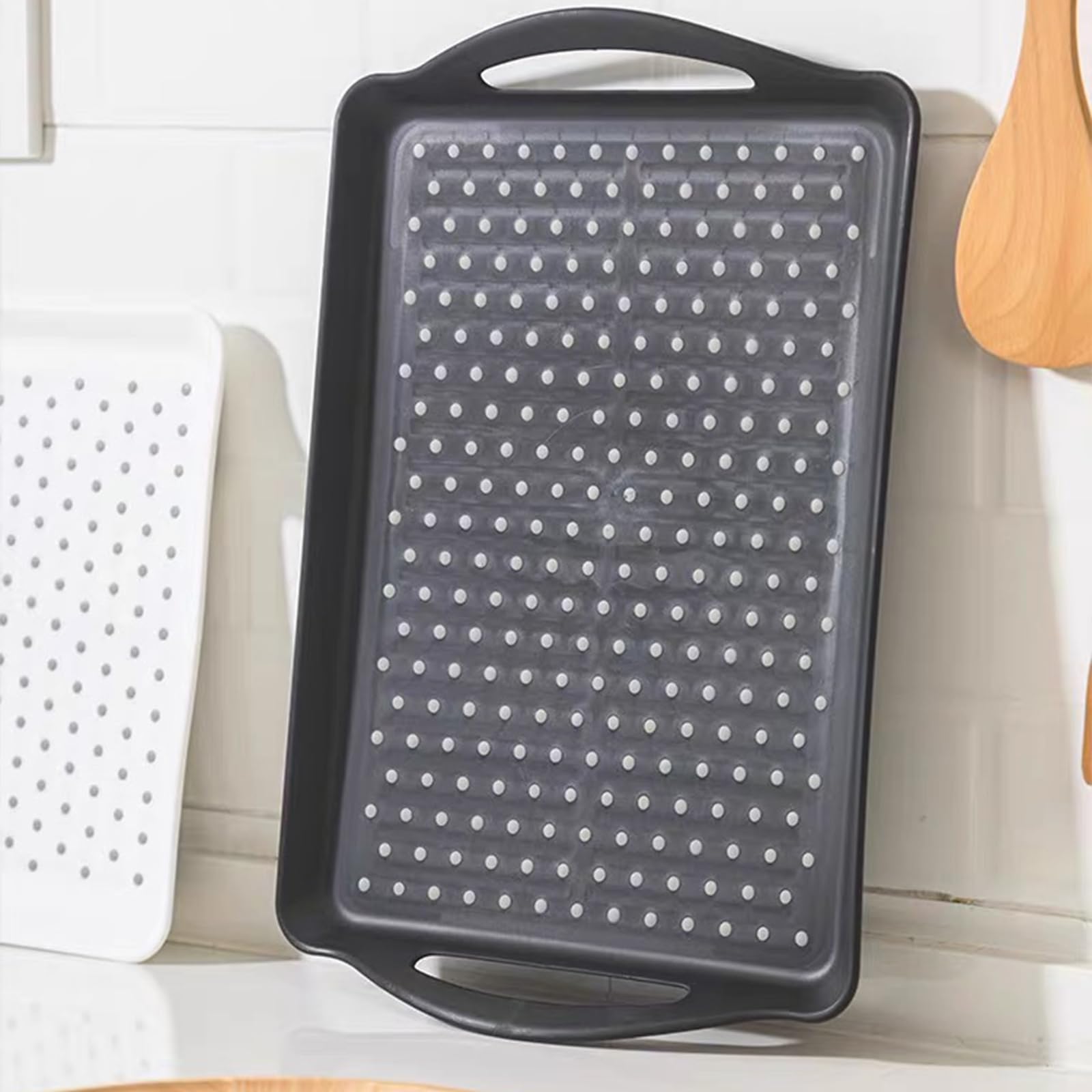 Bandejas rectangulares antideslizantes con asas, platos de plástico negro para alimentos, bebidas, té, 42 x 29 cm, vajilla duradera y elegante