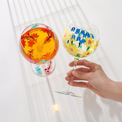 Miniatura 2 de G Copas de vino pintadas a mano, coloridas flores de acuarela pintadas artesanalmente, juego mixto de 20 onzas, juego de 4 flores pintadas