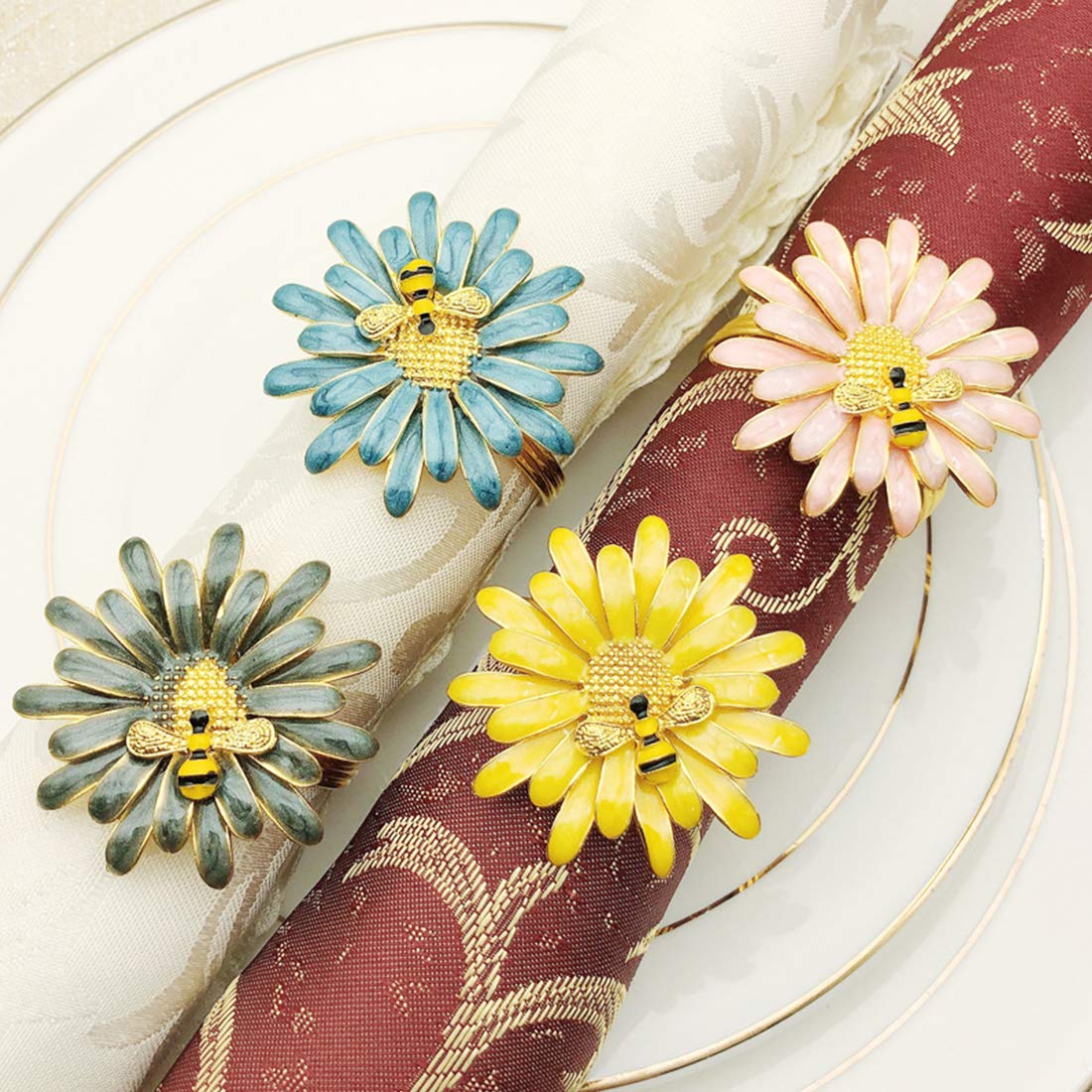 Davfina Lot De 6 Ronds De Serviette Abeille Marguerite Jaune - Diamètre 3,9 Cm - En Métal Durable - Pour Décoration De Table Mariage, Fête, Banquet