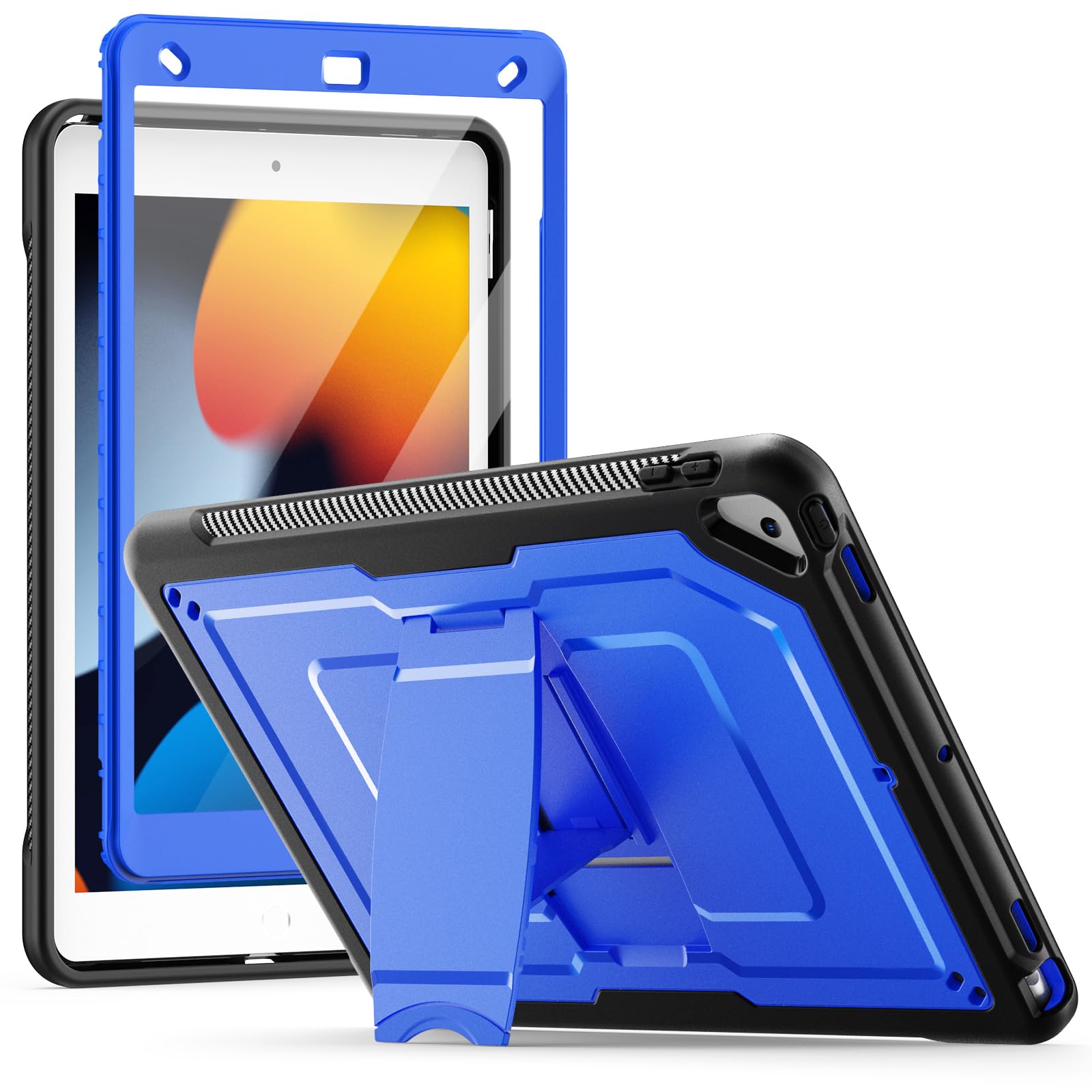 SEYMAC Hülle für iPad 9./8./7. Generation 10,2 Zoll (2021/2022/2019), Vollschutzhülle für iPad 10,2 mit Integriertem Ständer und Displayschutzfolie, Blau