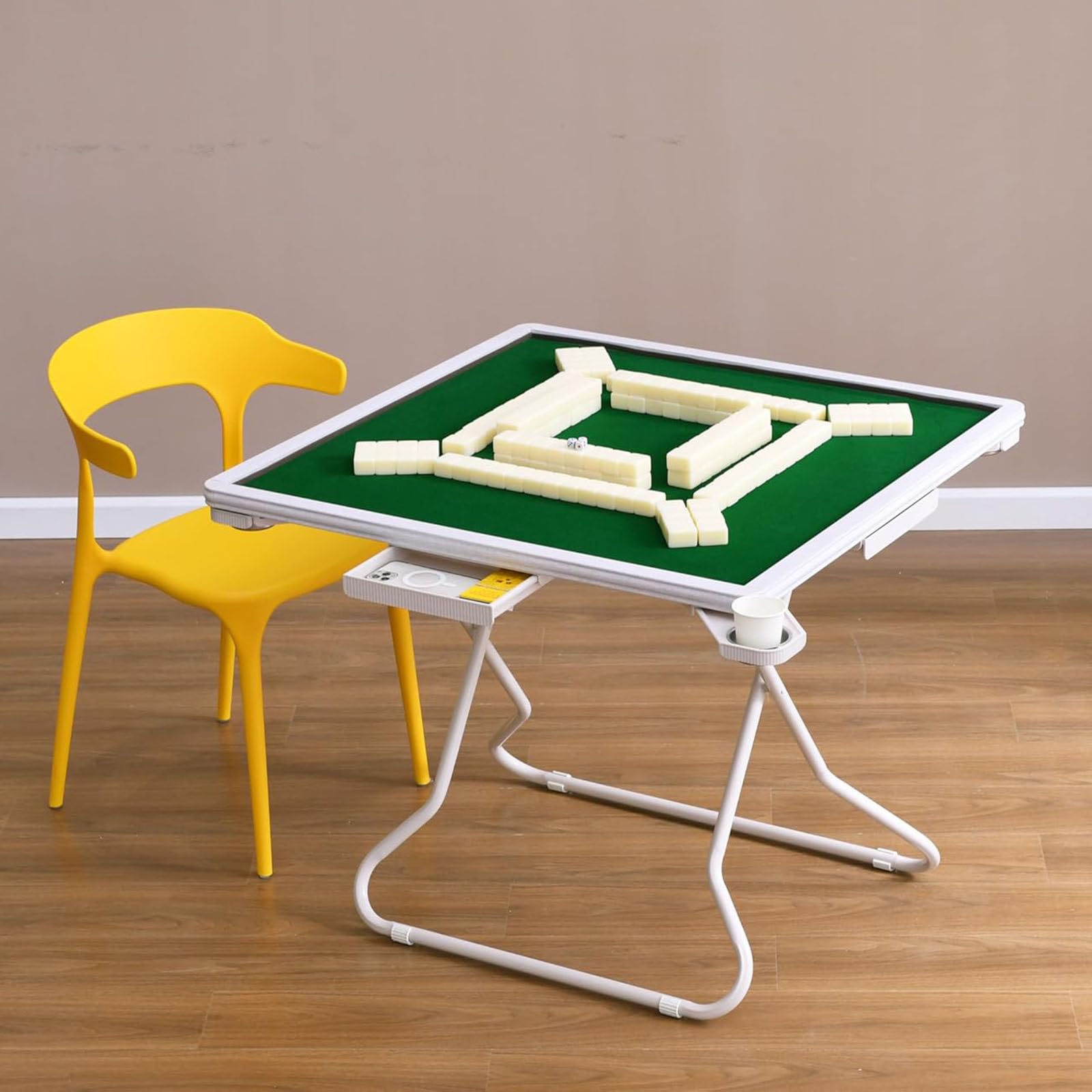 Stół Mahjong 86 cm, składany kwadrat, 4 karty gracza, stół mahjong, z filcową zieloną powierzchnią, 4 uchwyty na kubki i 4 rowki na chipy, składany stół do gier, zarówno wewnątrz, jak i na zewnątrz