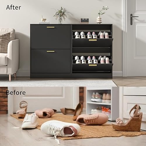 Miniatura 6 de JOZZBY Zapatero de almacenamiento para entrada, organizador de zapatos estrecho independiente con 2 cajones abatibles, zapatero de madera para