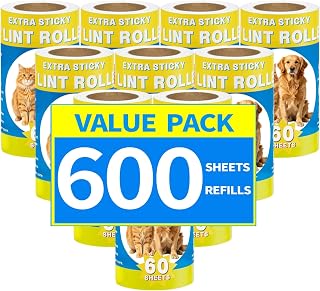 Extra Sticky Lint Roller Refills, 600 Sheets Total (10 Rolls x 60 Sheets), Pet Hair Remover Refill Rolls for Cat and Dog Hair Removal,Clothes, Furniture, Carpet, Dust