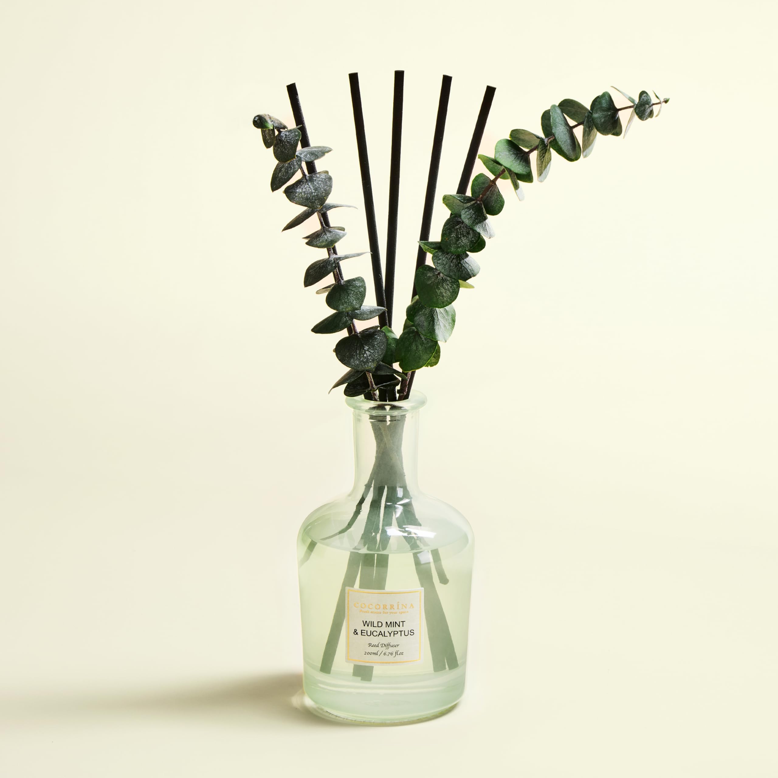 COCORRÍNA Eucalyptus & Wild Mint Reed Diffuser, 6.76 oz Essential Oil, Decorative Glass Vase with Dried Eucalyptus Branches, Bedroom or Bathroom Décor