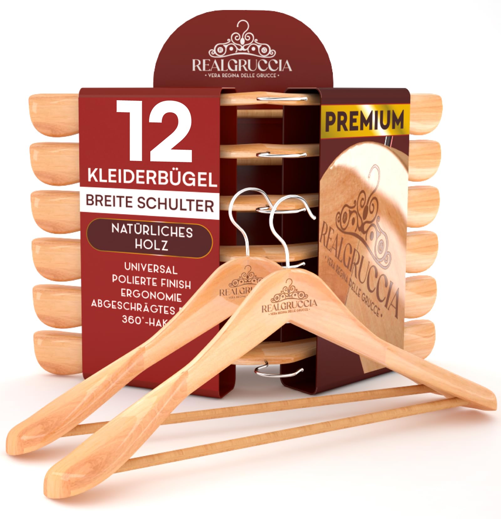 12 Kleiderbügel aus Holz Breite Schulter Holzbügel Farbe Naturholz - RealGruccia mit Hosensteg Polierter Oberfläche Drehbaren Hakens und Abgeschrägte Profile - 24x45cm