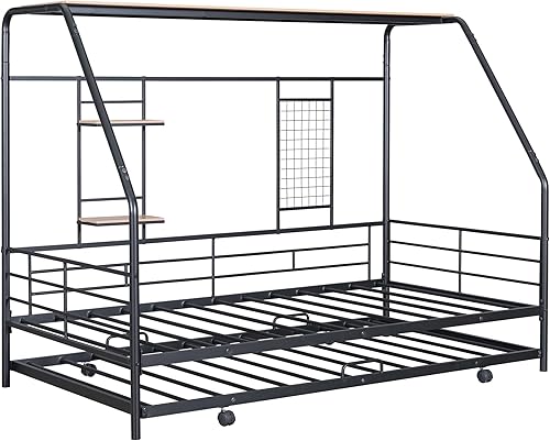 Miniatura 141 de Cama de casa de tamaño individual con diseño de valla y techo, marco de cama de metal, marco de cama de piso doble, base de cama Montessori de Color