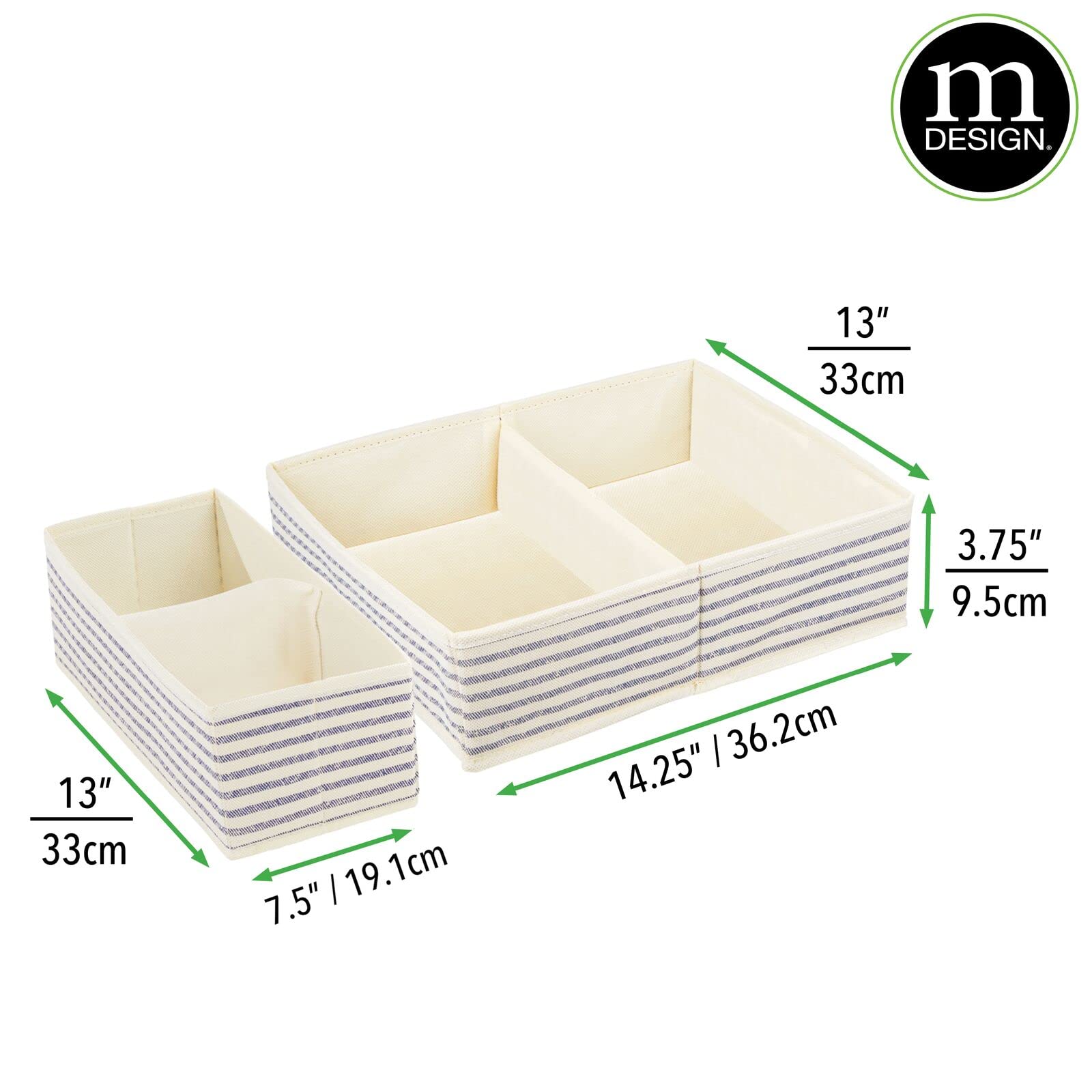 mDesign Fabric Drawer Organizer Bins, Kids/Baby Nursery Dresser, Closet, Shelf, Playroom Organization, Hold Clothes, Toys, Diapers, Bib, Blanket, Lido Collection, Set of 2, 4 Pack, Natural/Blue Stripe