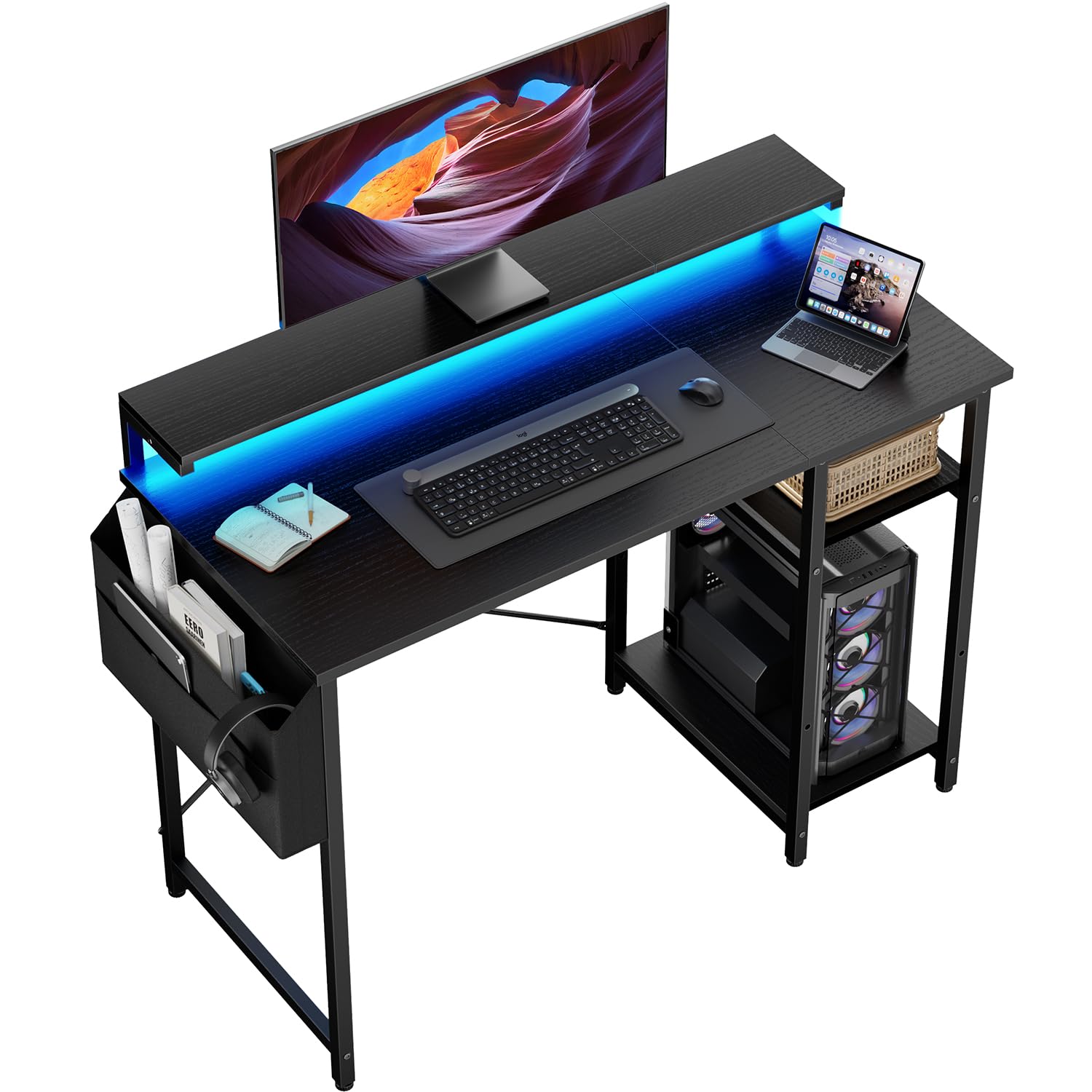 SOLAVERO LED Escritorio 100 x 48 cm, Mesa Escritorio Pequeña con Soporte de Monitor, Mesa Ordenador con Bolsa de Almacenaje, Estante Ajustables, para Oficina en Casa, Estudio y Juegos, Negro