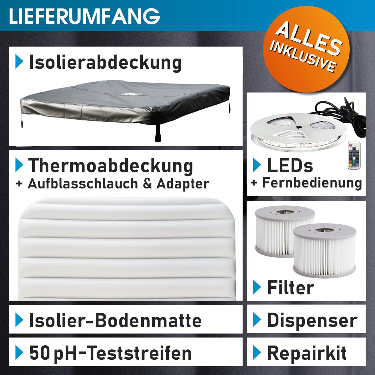 BRAST Whirlpool MSpa Oslo Sapphire | 160x160x65cm | 6 Personen | Feste Außenwand, LED-Beleuchtung mit 20 einstellbaren Farben, 120 Massagedüsen, Winterfest ganzjähriger Einsatz, In & Outdoor