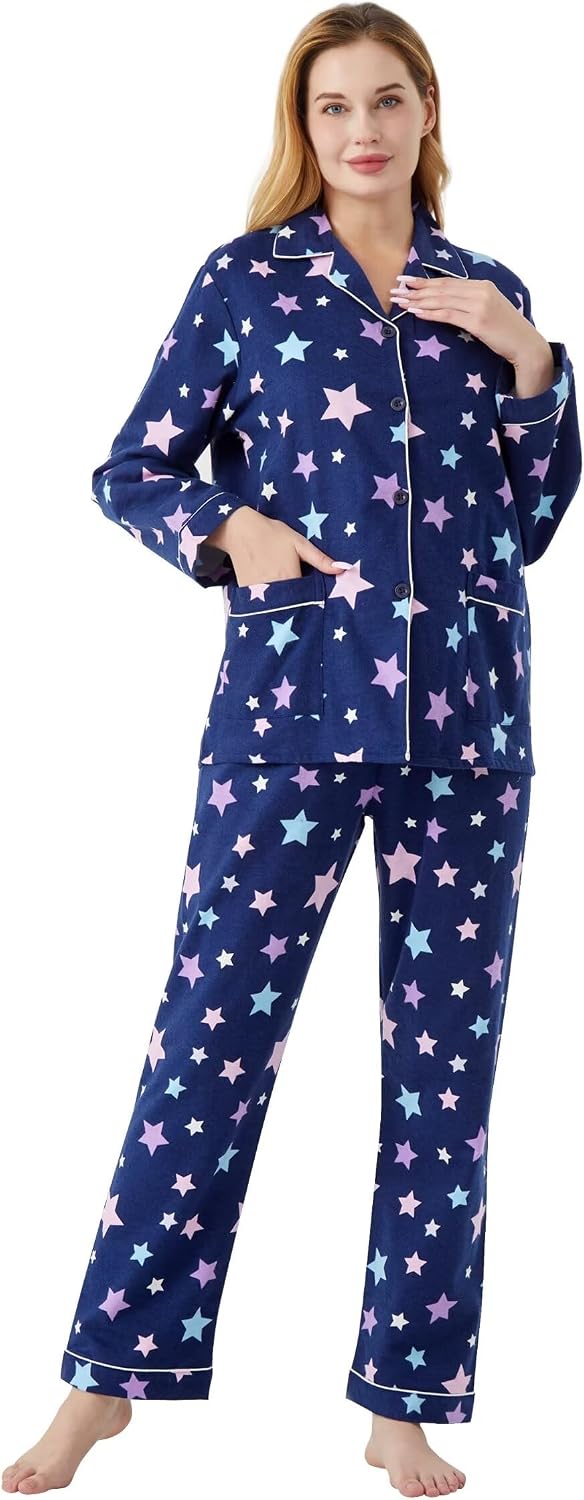 Women 100% Cotton Flannel Pajama Set Cozy Long Sleeve PJS for Women Button Front Drawstring Waist Winter Loungewear