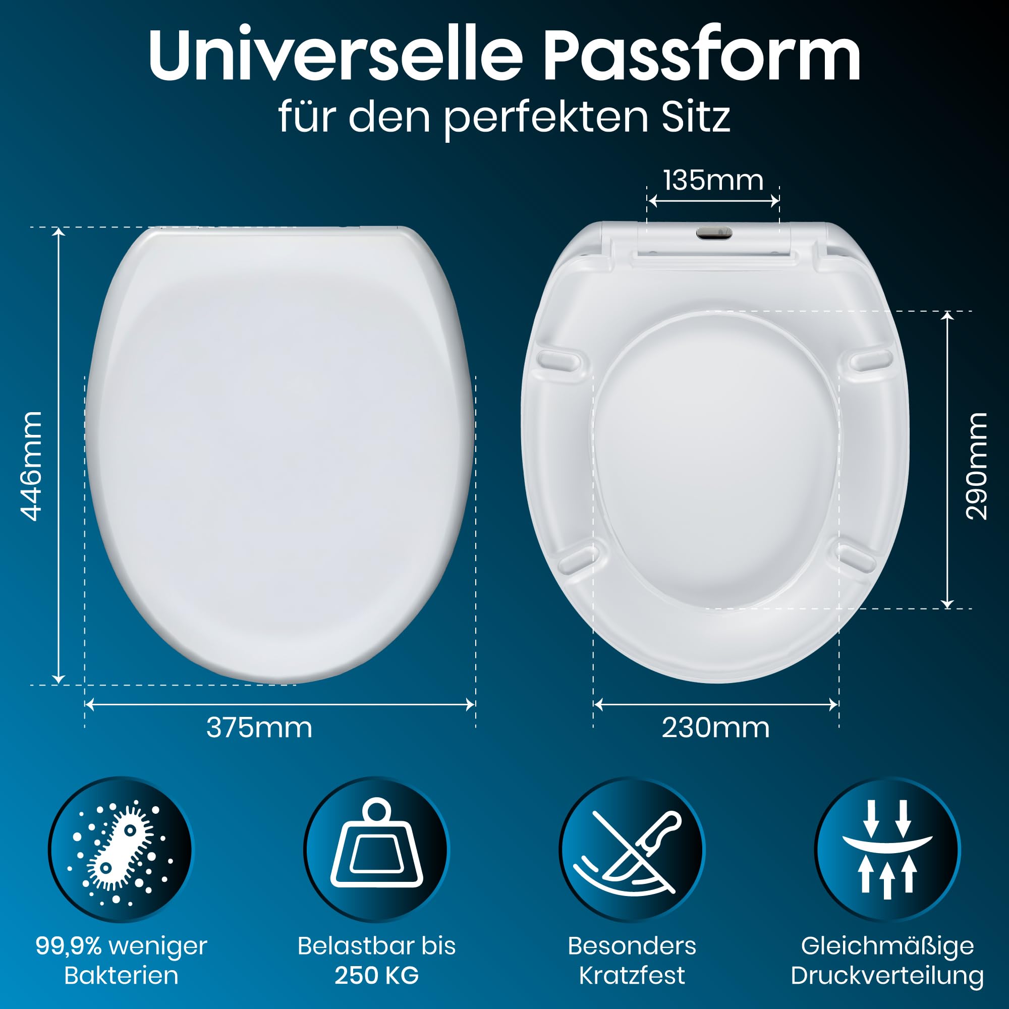 Premium WC Sitz mit Absenkautomatik Oval – Toilettendeckel Weiß aus antibakteriellem Duroplast – Klodeckel mit Quick-Release & UV-Schutz – Inkl. Montage-Schablone & Edelstahl-Befestigung