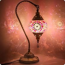 Yarra-Decor Turkish Moroccan Lamp with Bronze Base 3 Color Options Handmade Swan Neck Mosaic Glass Bedside Lamps for Bedroom (LED Bulb Included)(Red1)