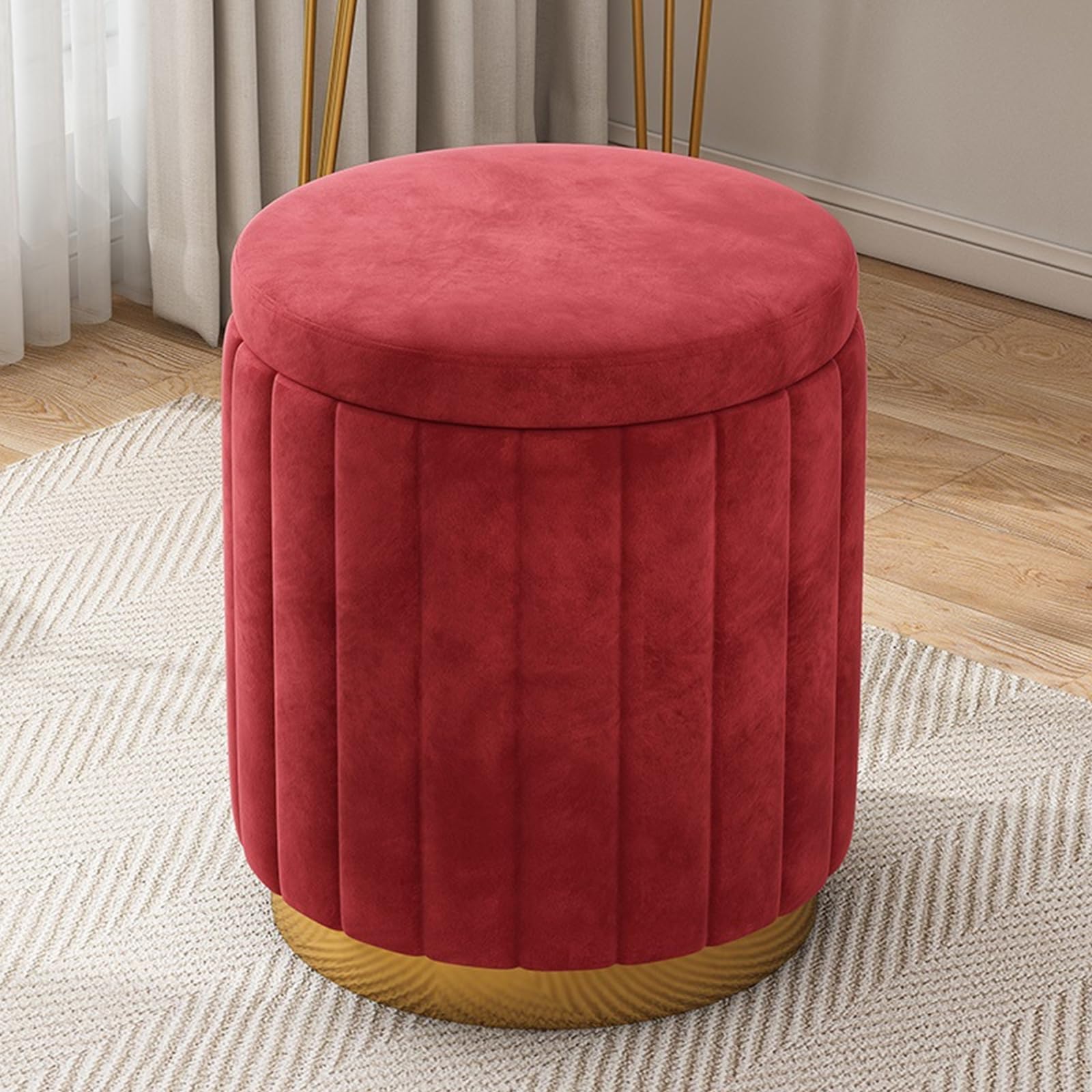 JIXDILO Round Velvet Storage Ottoman, Soft Upholstered Vanity Stool with Removable Lid and Gold Plating Base, Modern Entryway Foot Stool for Living