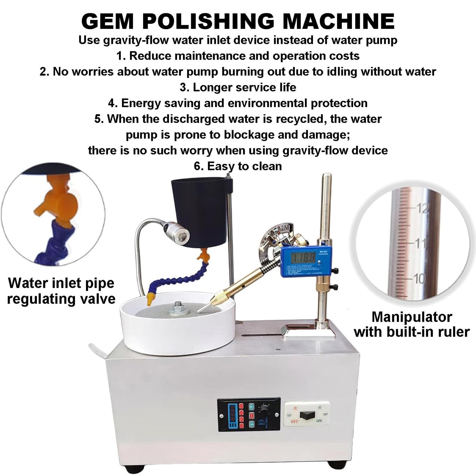 Polisseuse de Pierre, Machine à Facetter Silencieuse, Moteur Cuivre 180W, Couple 80 Nm, Vitesse 0-2800 Tr/min, Éclairage Réglable, Anti-Projection, Meulage Polissage, pour Gemmes, Sculpture