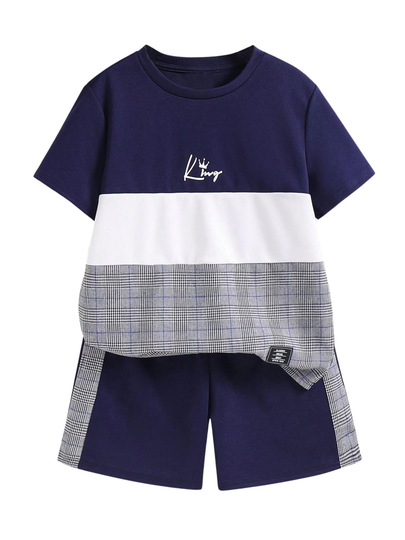 Conjunto de camiseta a rayas con bloques de color y pantalones cortos frescos para niño 7