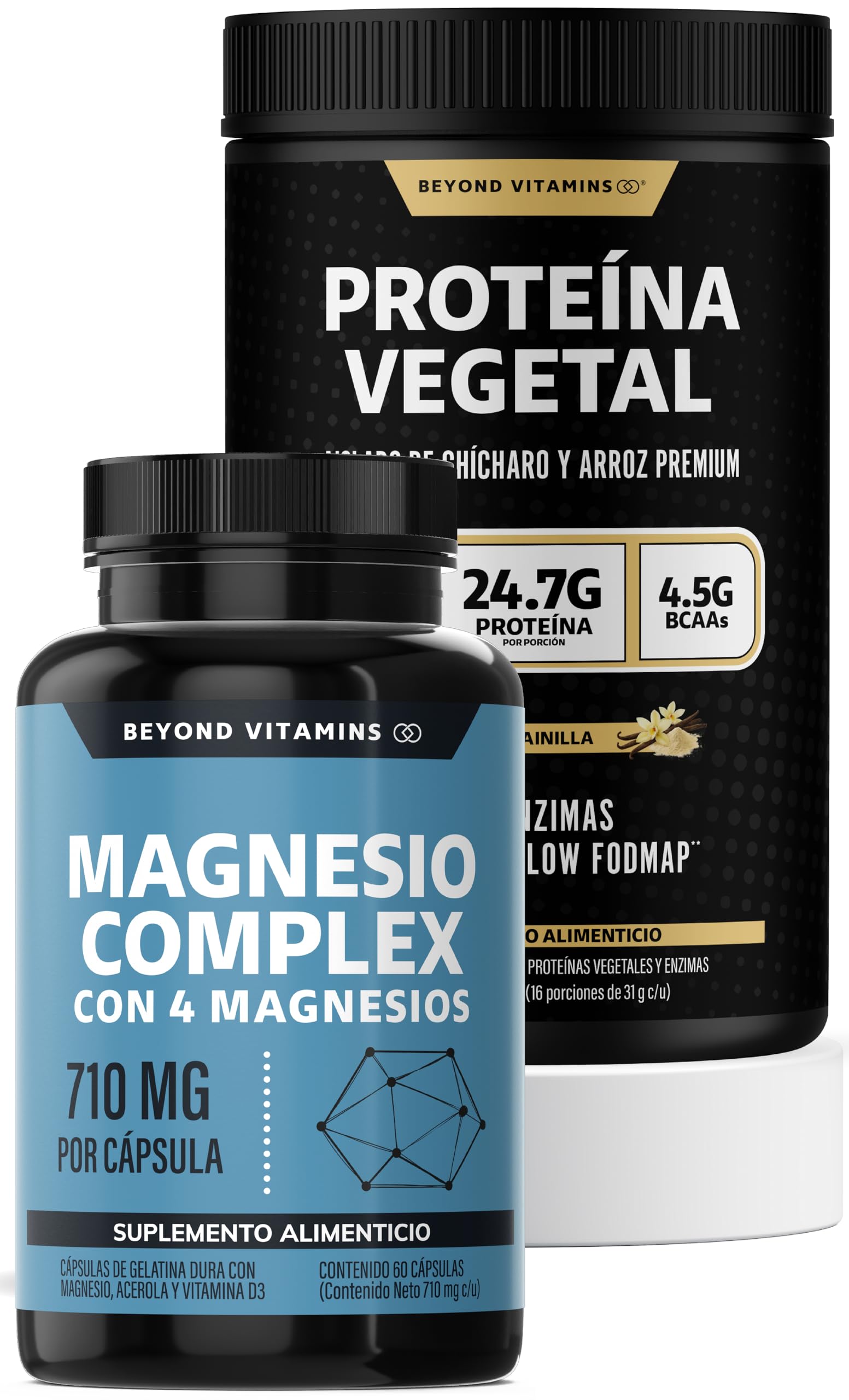 Kit Magnesio Complex 60 caps + Proteína Vegetal Aislada (Arroz y Chícharo)| 4 Magnesios (Citrato, Glicinato, Gluconato y Óxido de Magnesio) | Proteina Vegana Pre Workout (Vainilla)| Beyond Vitamins
