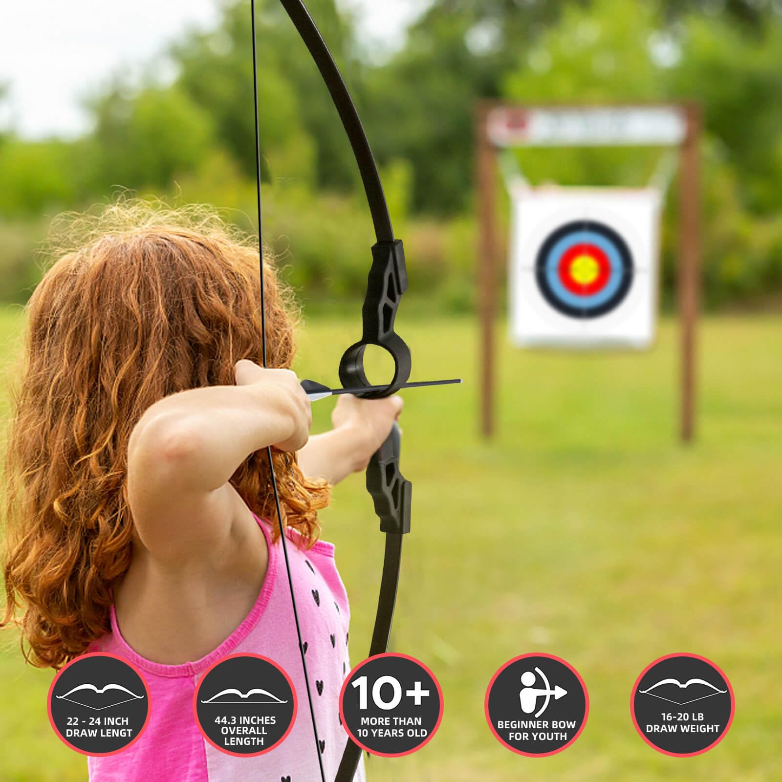 VALYPANOR Bow and Arrow Set for Youth Junior Archery Longbow Training Bow with 6 Safety Arrows, 5 Target Face Paper, Armguard, Quiver, 18 Lb Beginner Recurve Bow Kit for Outdoor Sport Game Gift