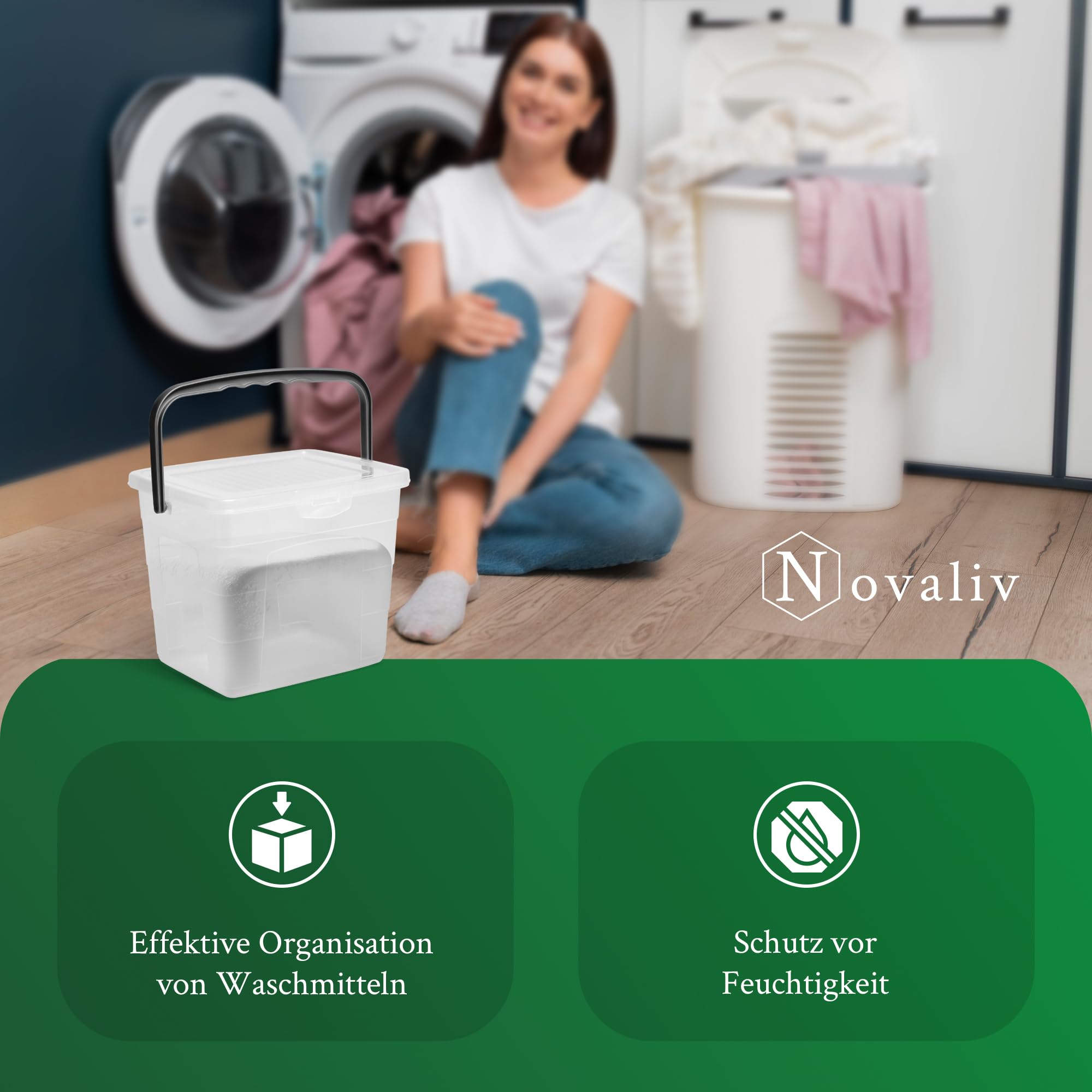 Novaliv 10 cajas de detergente con tapa, 4 litros, transparente y cuchara dosificadora, 23,5 x 18 x 18,5 cm, caja de almacenamiento con asa, depósito de detergente, recipiente para detergente y polvo