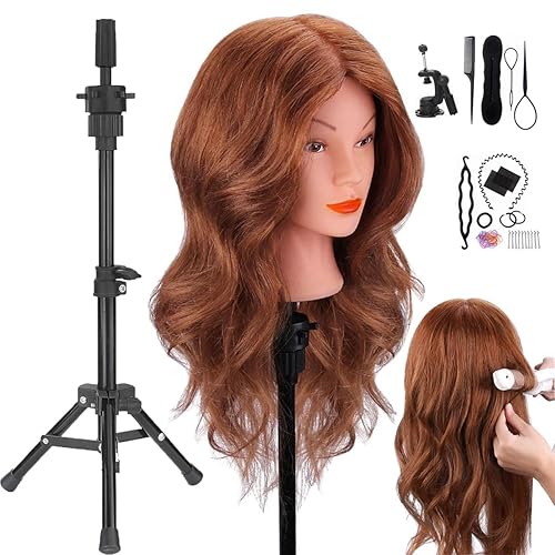Miniatura 1 de Cabeza de maniquí con cabello humano, cabeza de maniquí de 18 pulgadas con soporte de trípode, cabeza de entrenamiento de peluquería de cabello real
