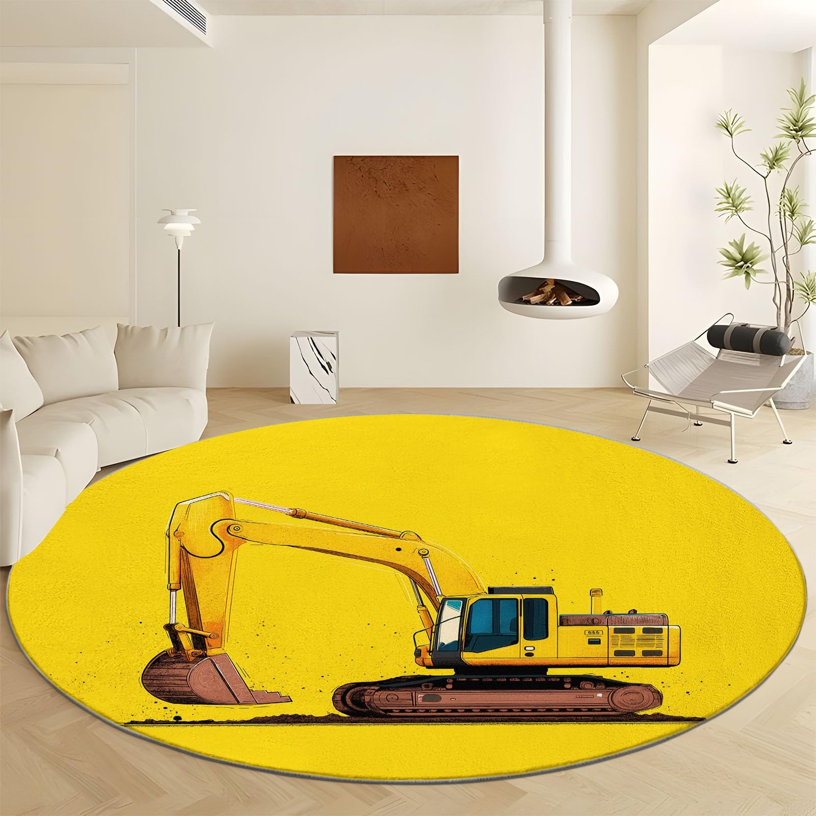 Generico Tappeto Rotondo Lavabile 160 cm per Soggiorno, Tappetino Antiscivolo Resistente Cartoon Veicoli da Costruzione - Tappeto Morbido Stampato Giallo Senape per Camera da Letto Cameretta Cucina