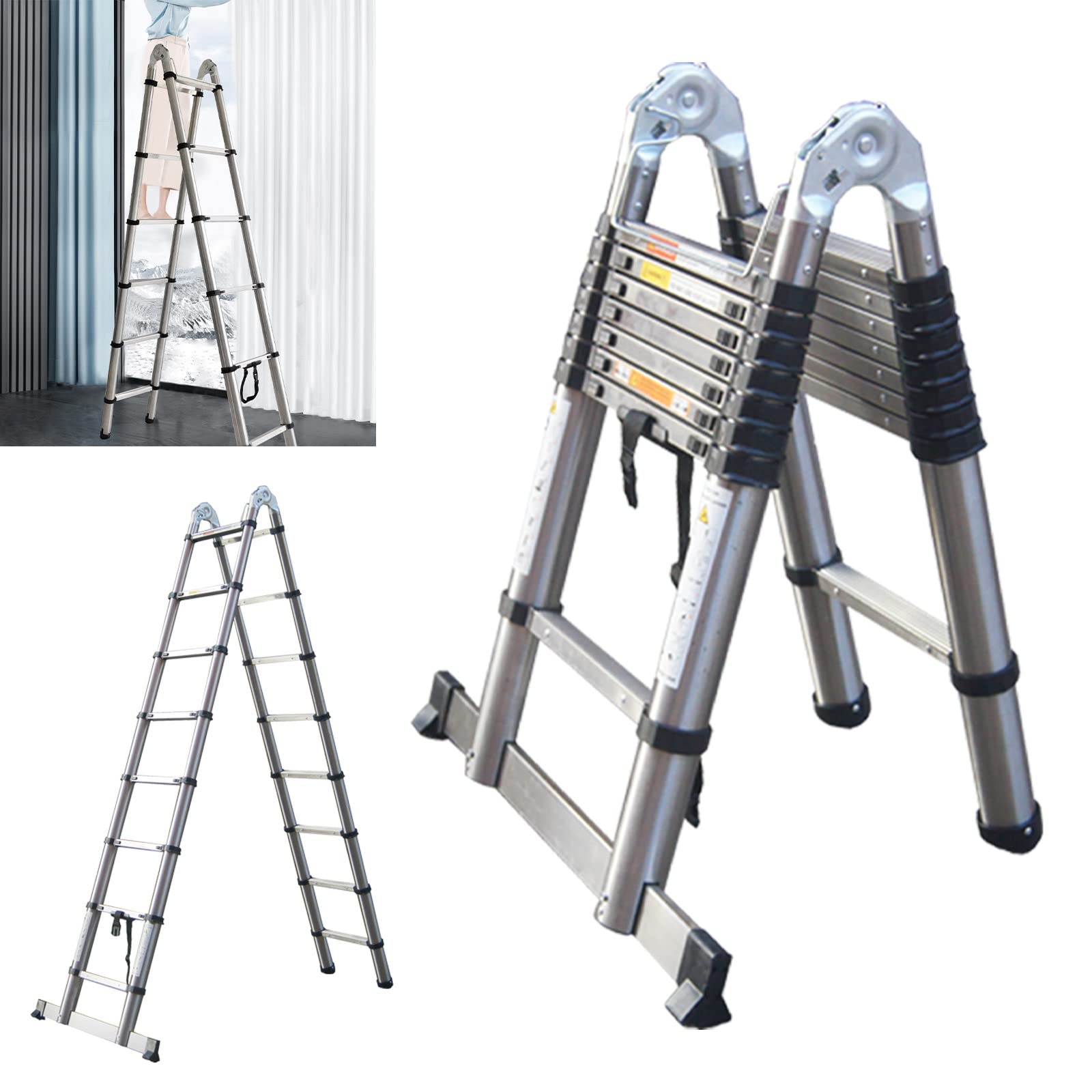 Stainless Steel Telescoping Telescopic Ladder 16.5ft/8.2+8.2ft A Frame Folding Straight Ladder Portable Extension Heavy Duty Compact Ladder with Support Bar 330lb Load Capacity EN131 Safe Standard