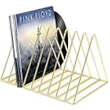Udreamer 9 Slot Record Holder,Desktop Vinyl Record Storage Holds Up 30 LPs,Metal Magazine Holder Triangle File Holder for Office Homer,Golden