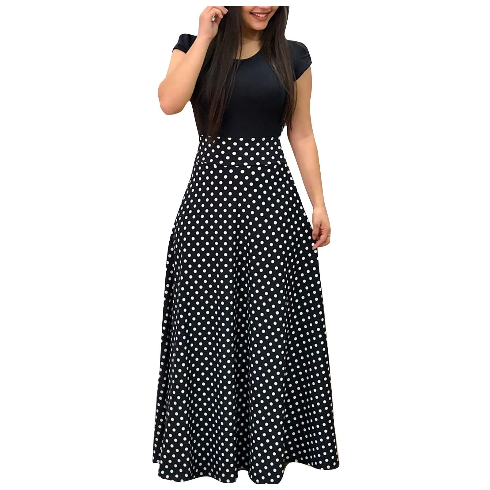 ADHOWBEW Womens Short Sleeve Empire Waist Floral Maxi Dress 2023 Summer Fashion Casual Plus Size Sundresses: Small H-black