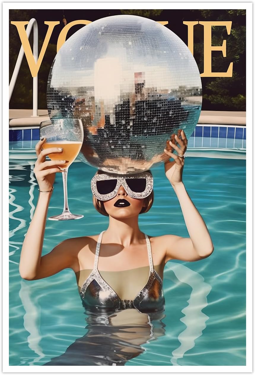 FKJHLD Vintage Cocktail Posters - Summer Blue Pool Hot Girl Disco Ball Canvas Wall Art Trendy Bar Cart Decor Prints Painting Funky Preppy Alcohol Drinks for College Girls 24x36 in Unframed